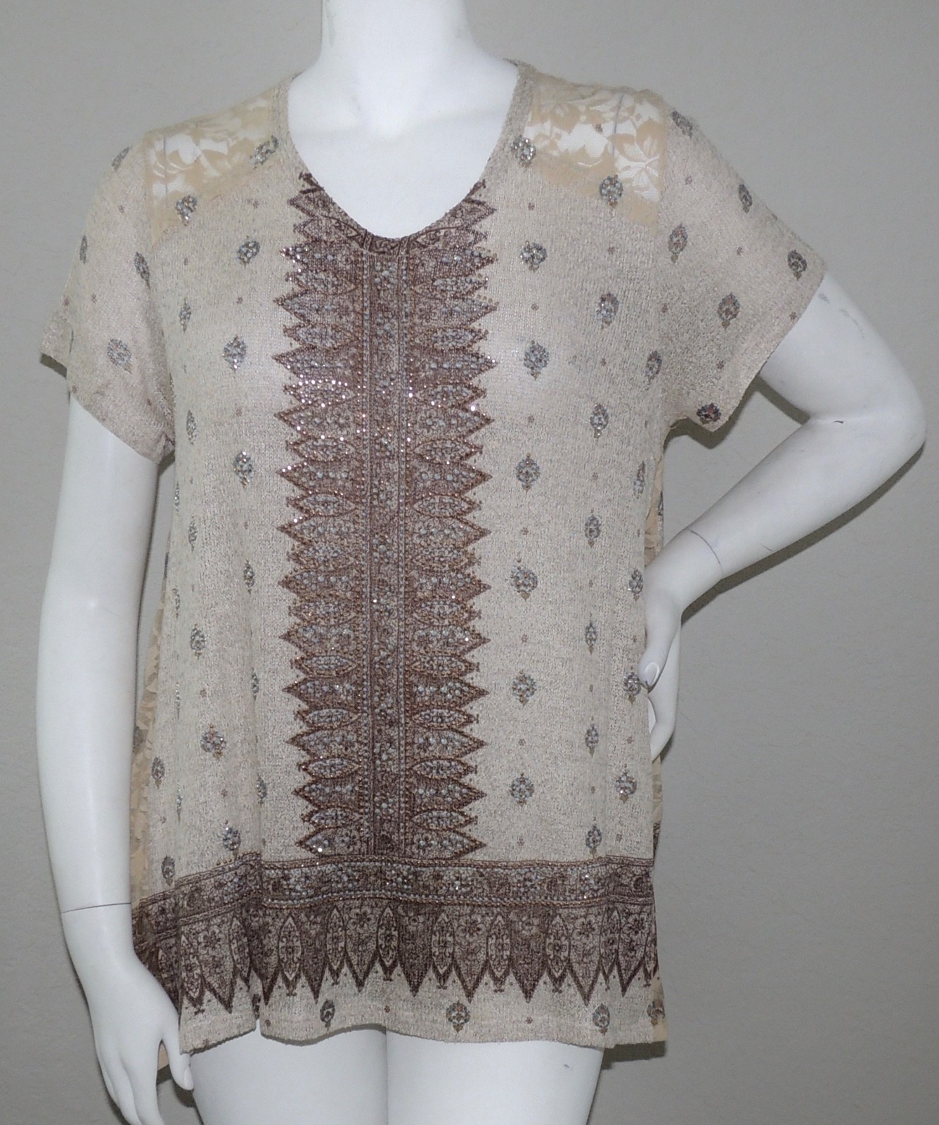 Vocal Lace Inset Tribal Short Sleeve Tunic Top w/ Stones Beige Plus 1XL 2XL 3XL