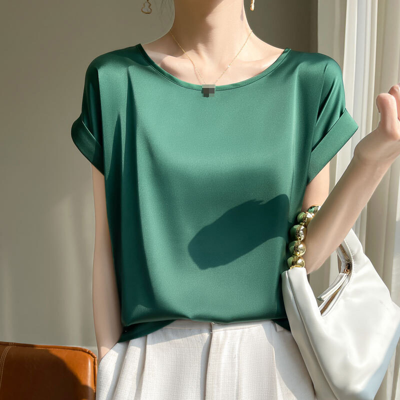 Women’s Silk Satin Blouse Tops Short Sleeve Round Neck Casual T-Shirts Plus Size