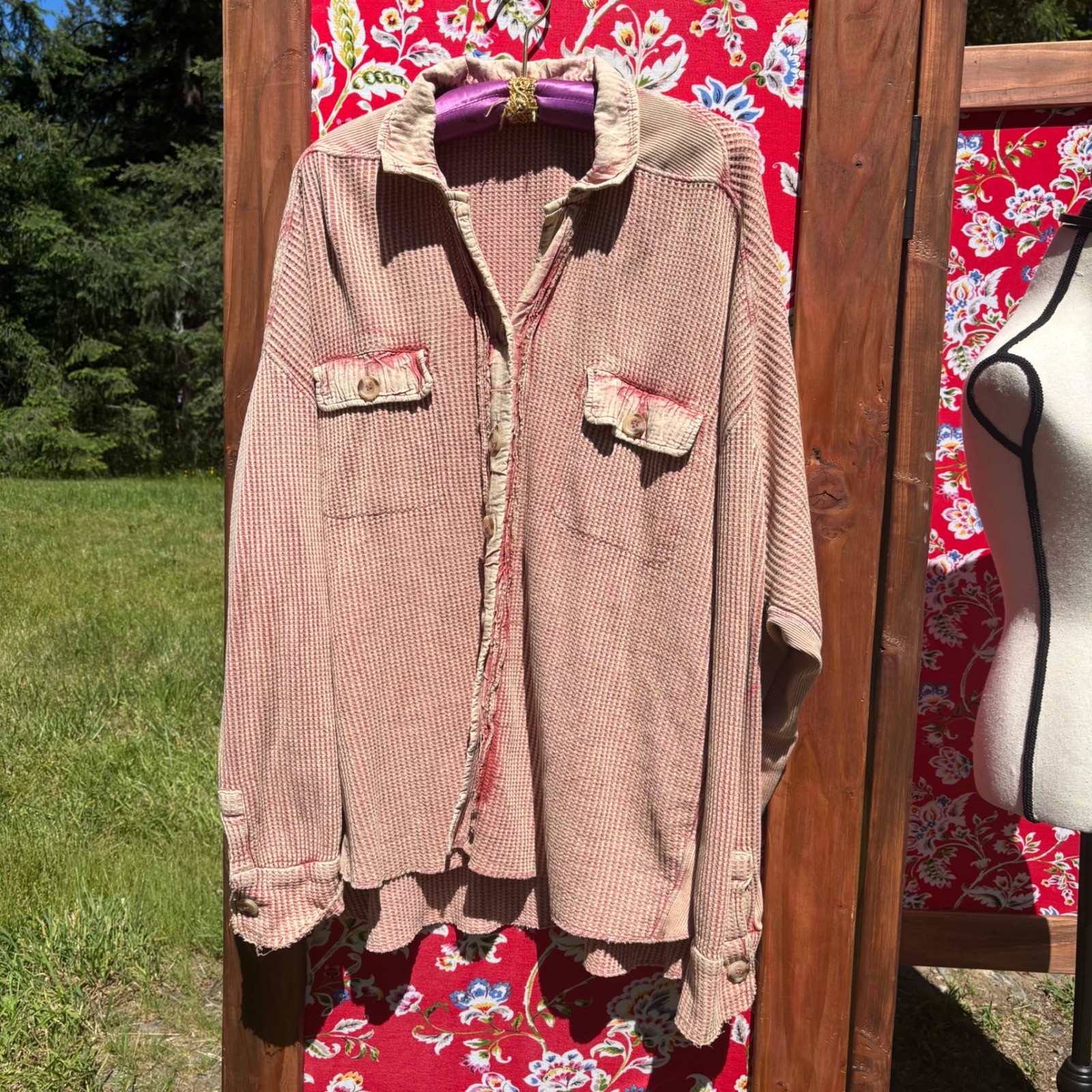 Free People FP One Scout Jacket Salmon Oversized Waffle Knit Thermal Top Size S