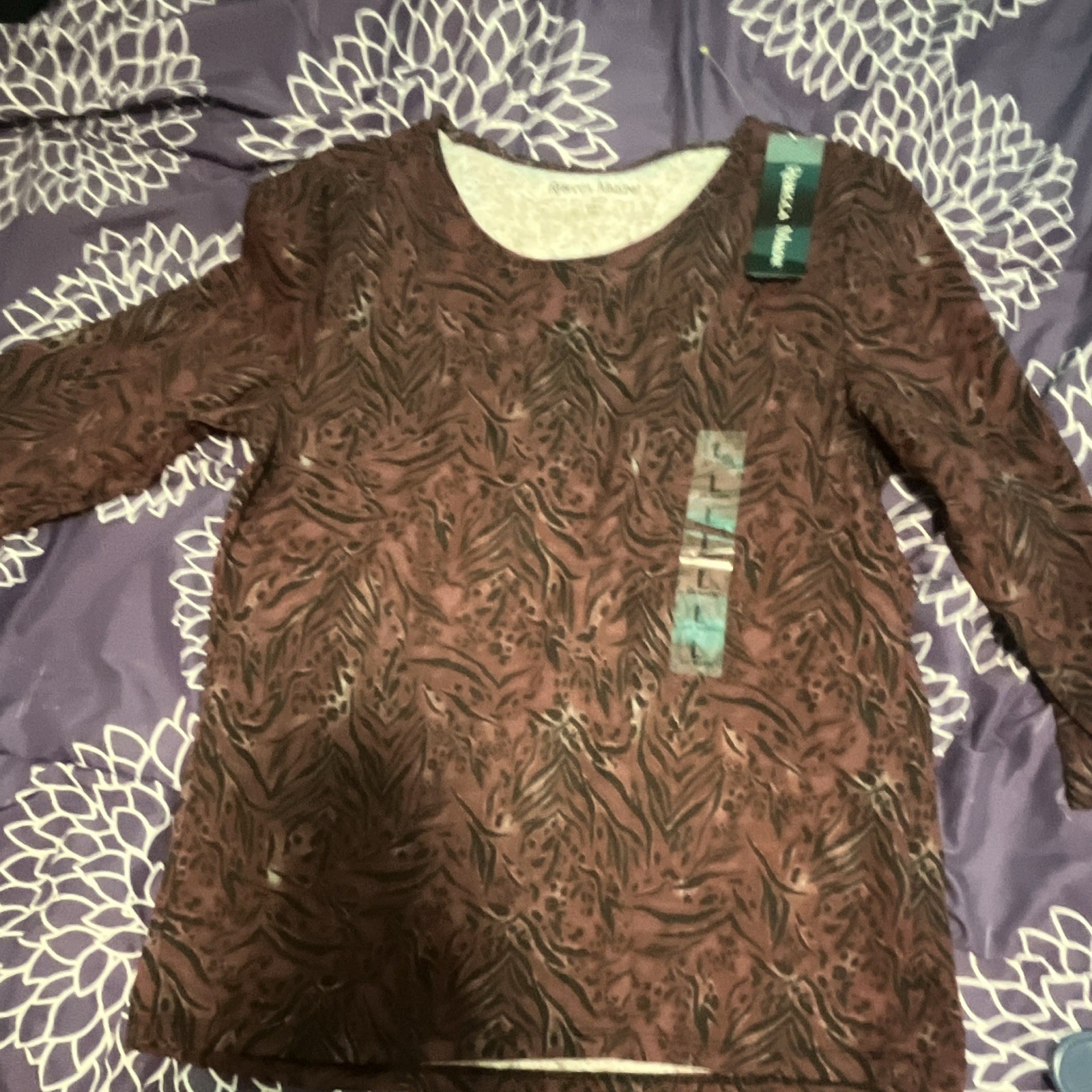 Rebecca Malone Women’s L Brown/Black Animal Print 3/4 Sleeve Scoop Neck Top