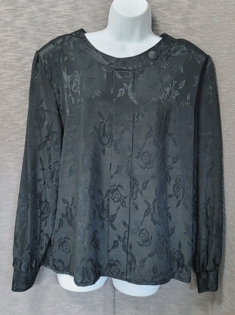 Vintage 80s Black Sateen Blouse 16 Elegant Mob Wife Rose Textured Big Shoulder