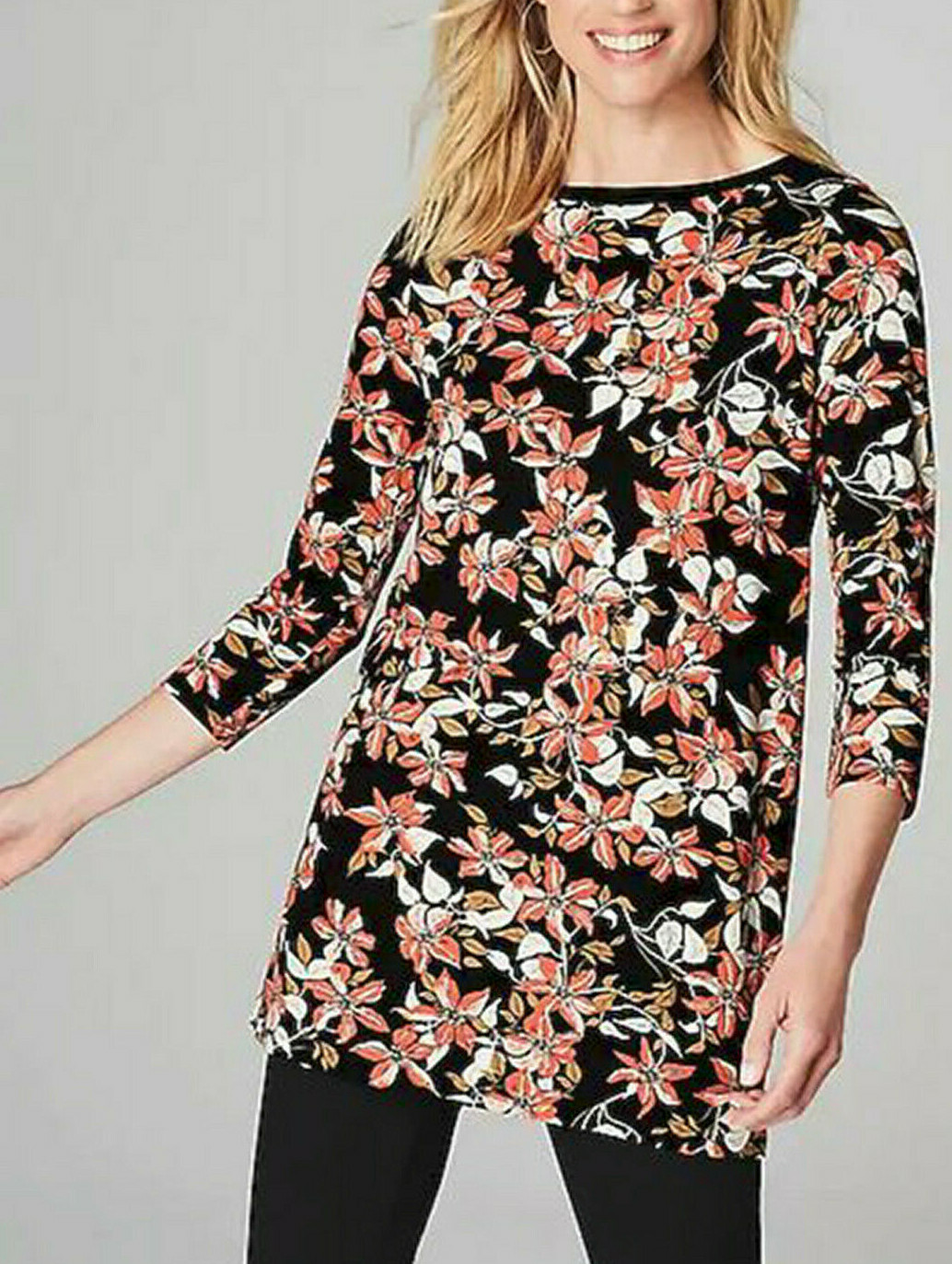 NWT J Jill Wearever Tunic 3/4 SL Black Pink Botanical Floral Lily $89 Sz LP