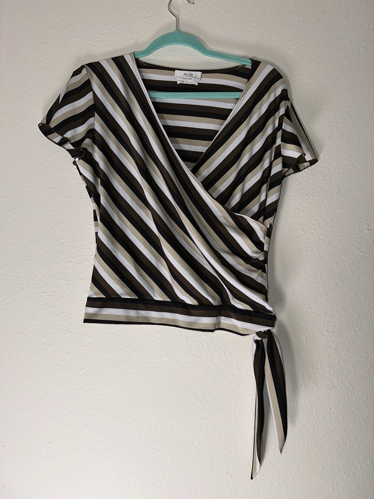 AGB Women’s L Brown White Striped Wrap V-Neck Short Sleeve Tie Blouse