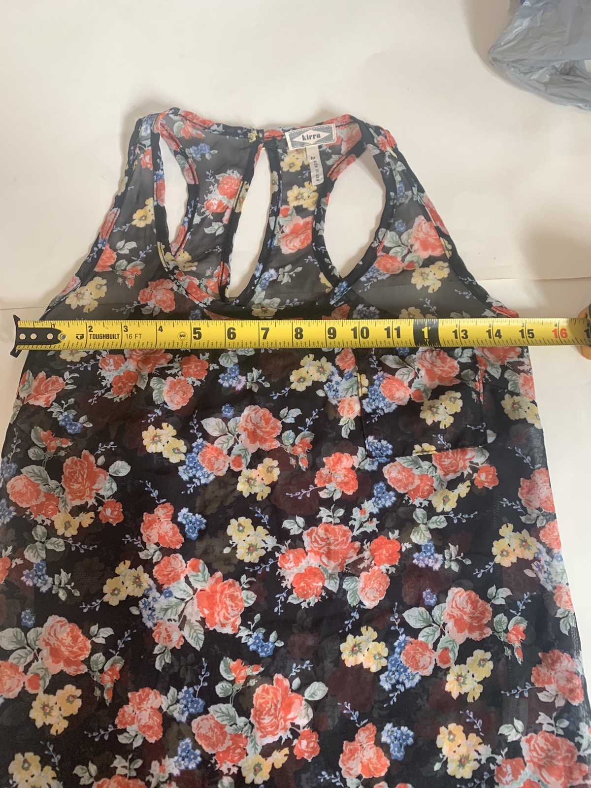 Kirra Women’s Size Medium Black Sheer Floral Racerback Tank Top Cutout Keyhole
