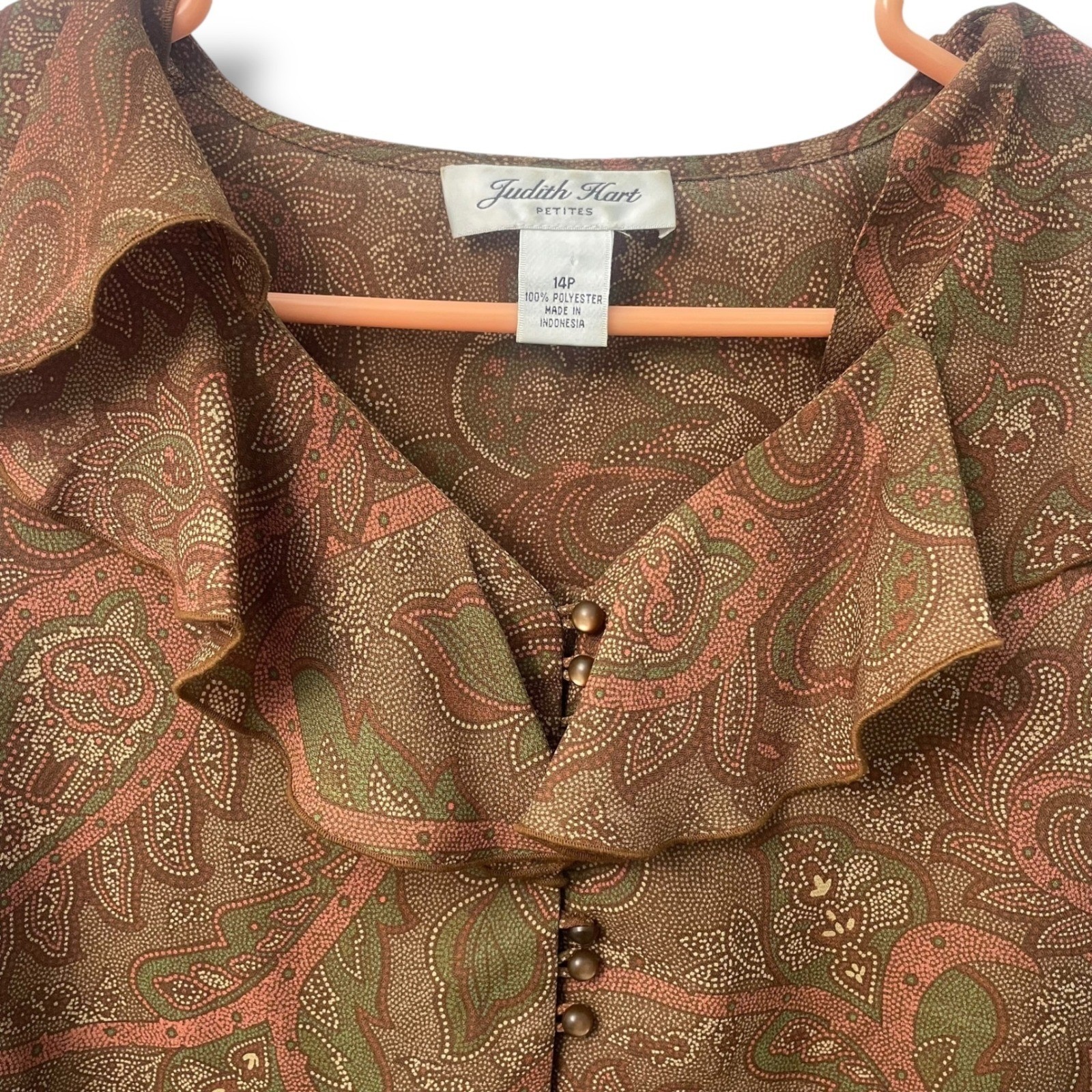 Judith Hart Petites Brown Paisley Ruffle V-Neck Button Front Blouse 14P