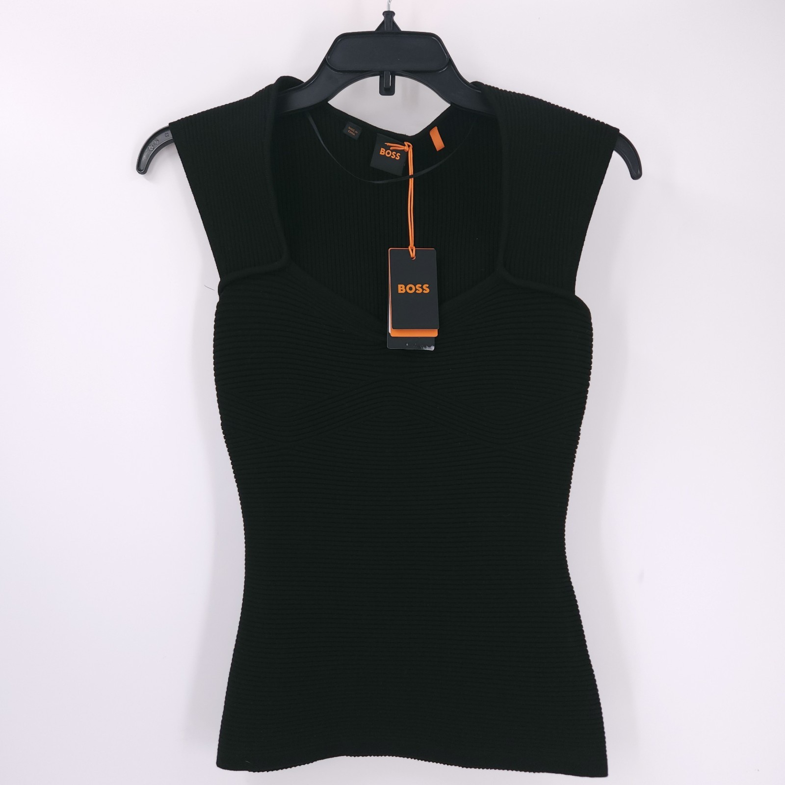 Boss Orange Fobertino Rib Black Stretch Short Sleeve Top Shirt Womens NWT
