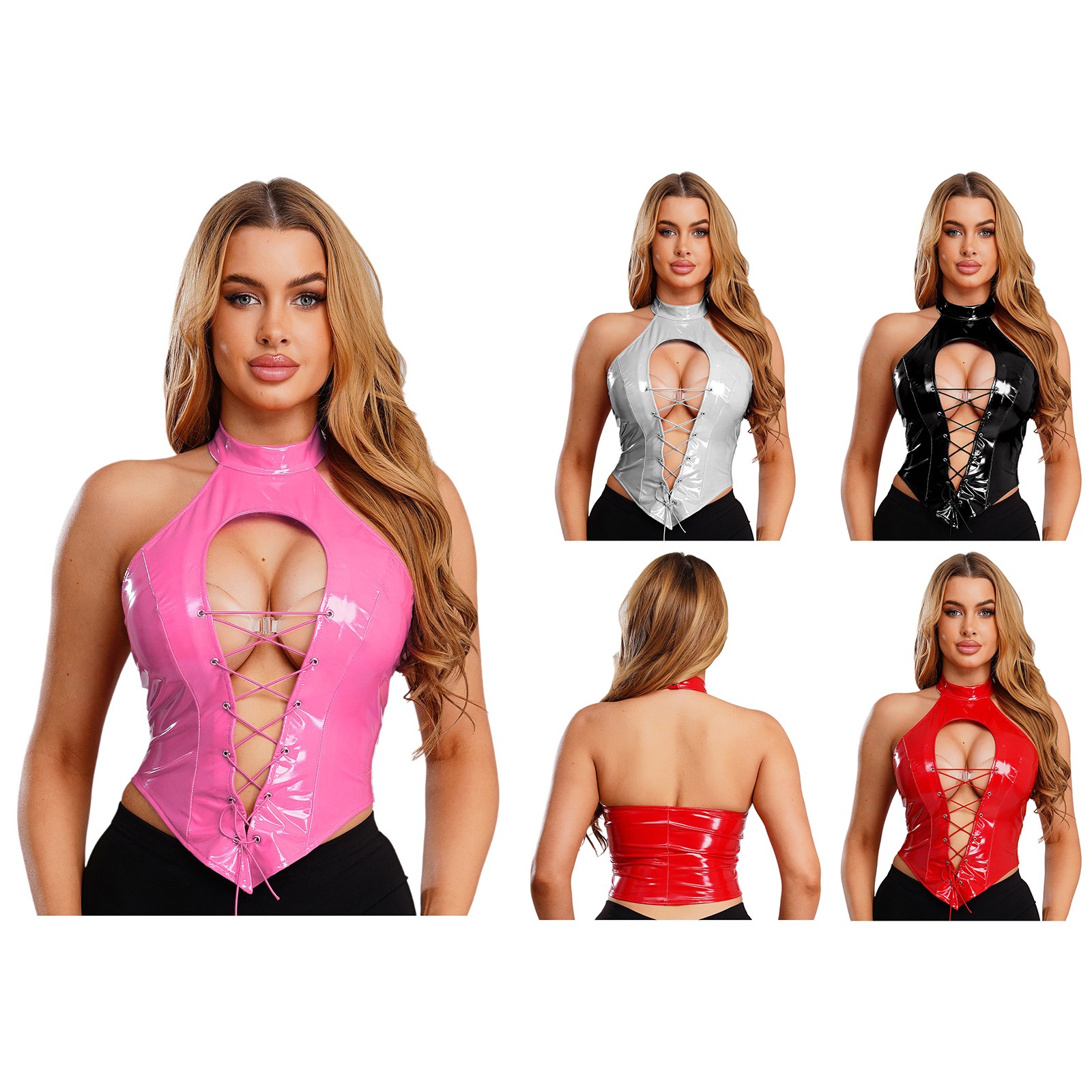 US Womens Outfits Shiny Leather Cropped Tank Top Front Lace-up Latex Vest Tops