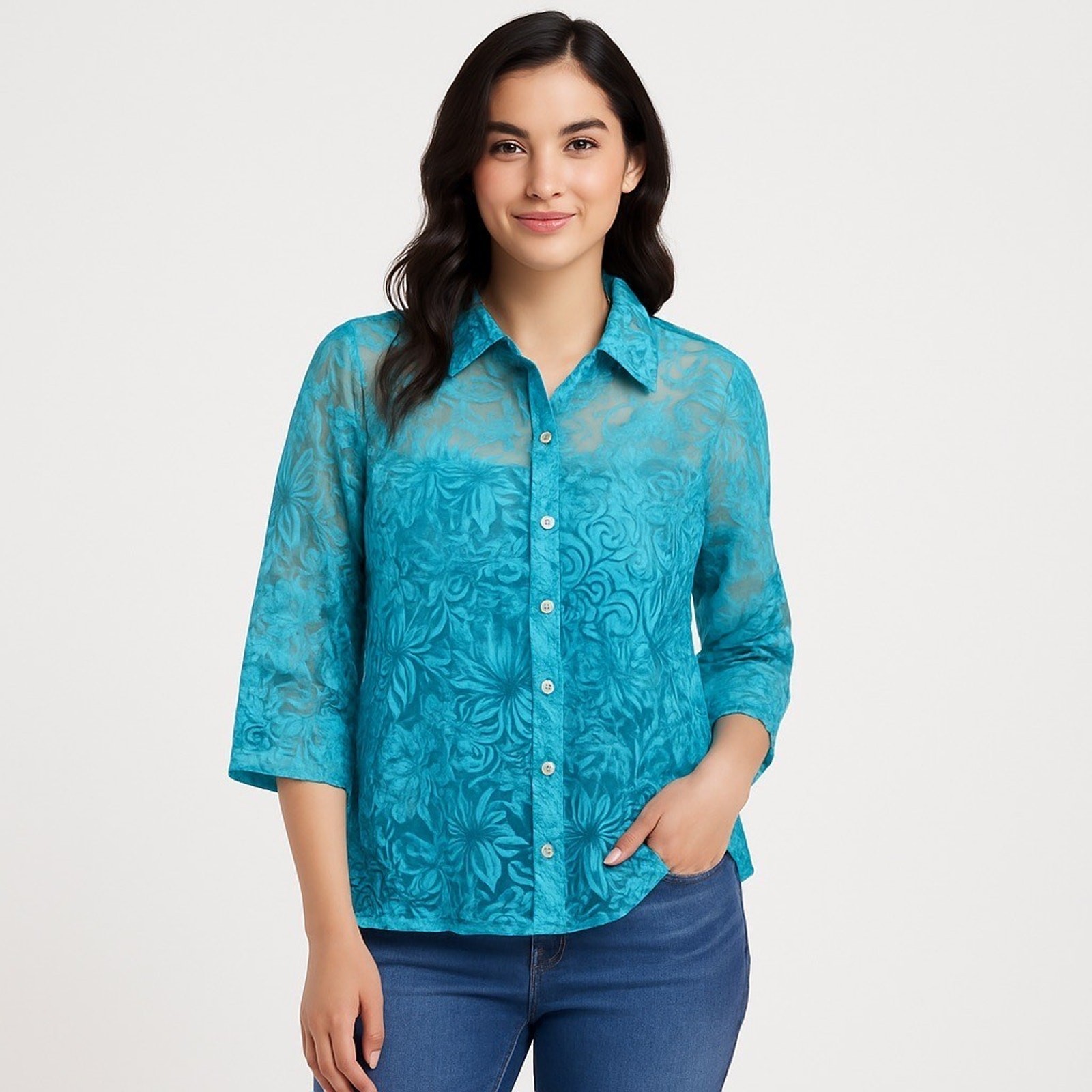 NWT West End Sheer Burnout Blouse Size Medium Caribbean Teal – W80