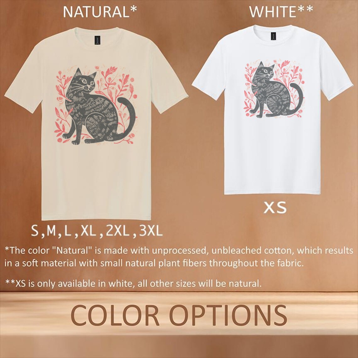 Black Cat Botanical Graphic Tee Woodcut Style Nature Art