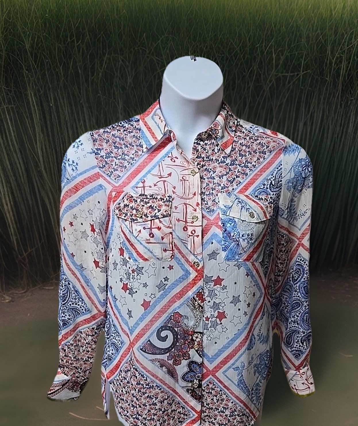 Tommy Hilfiger Patriotic Red White Blue Sheer Blouse Stars Floral Roll Tab Sz XS