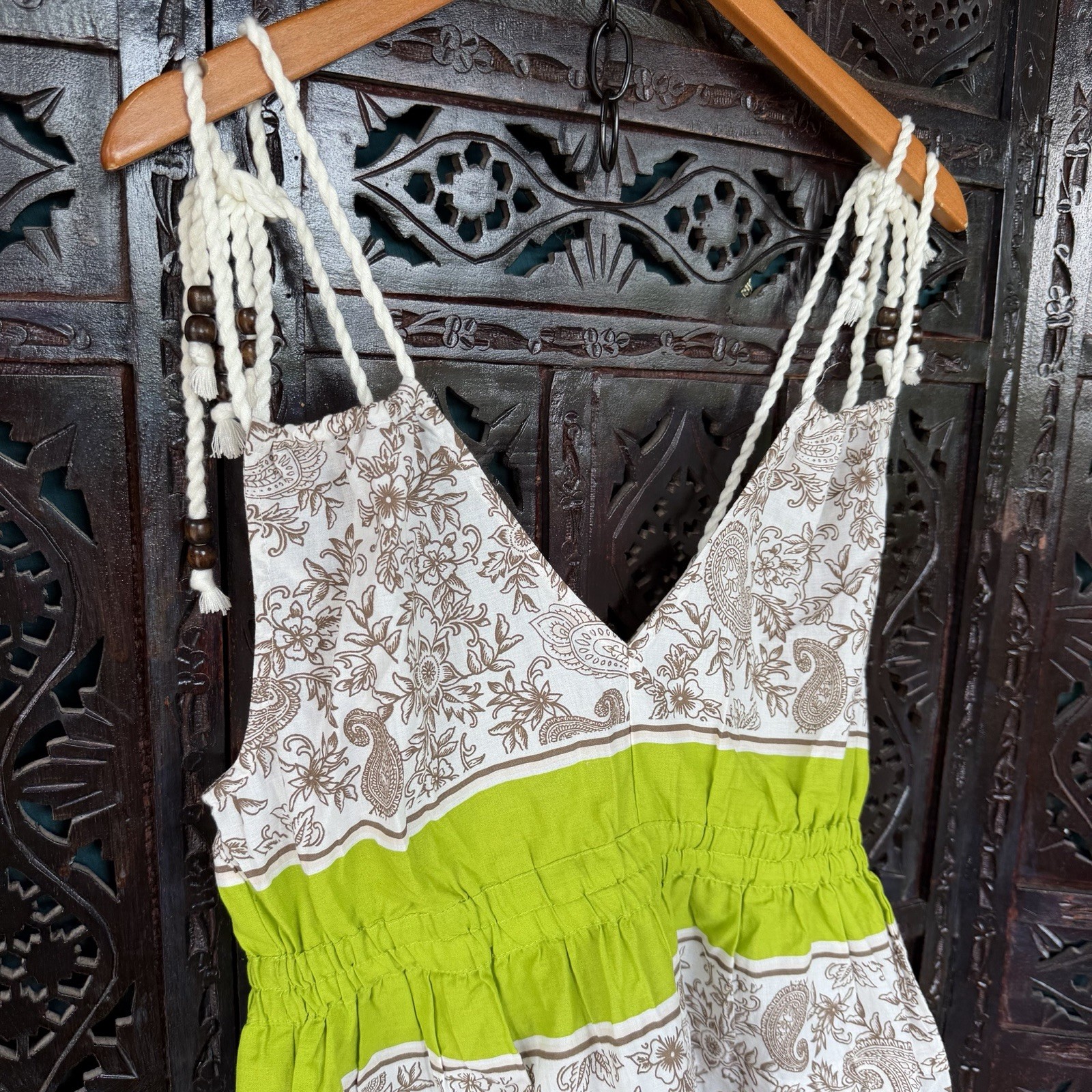 Boho Tassel Fringe Tank Top Womens M 100 Cotton Wood Bead Rope Paisley Botanical