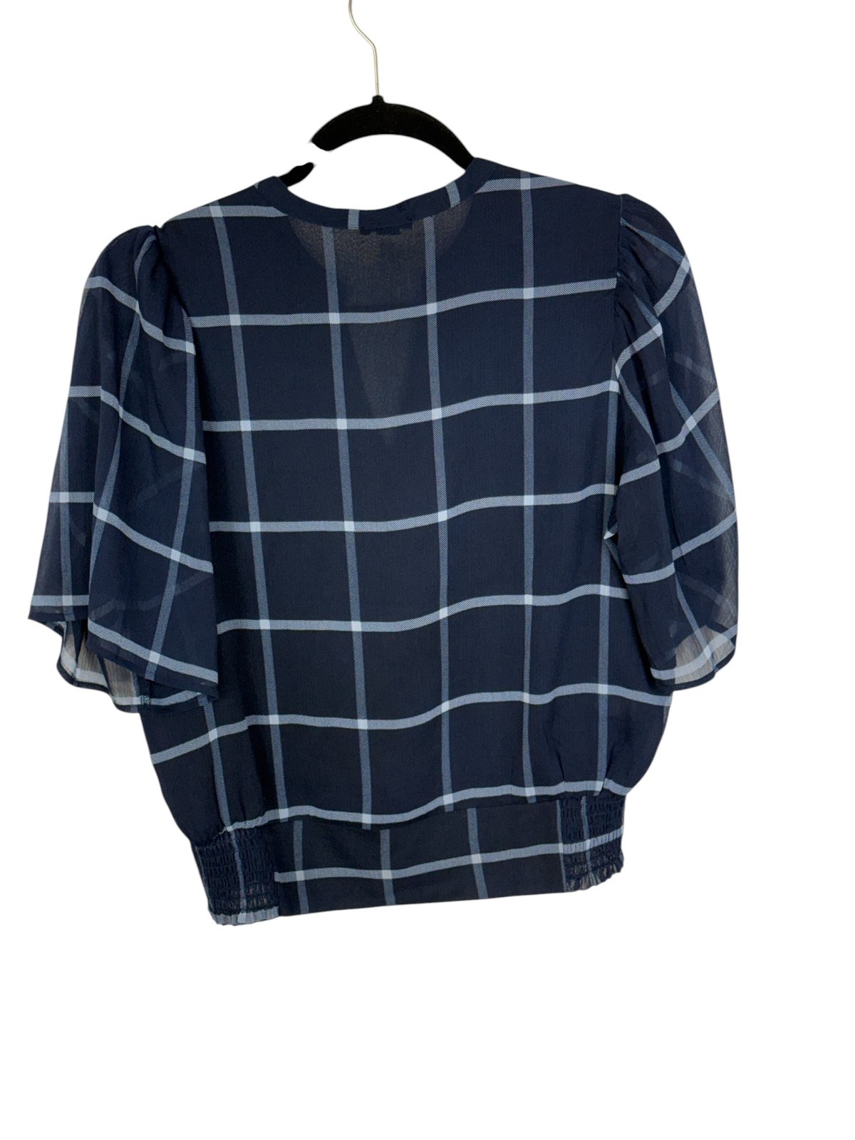 Ann Taylor blouse size S navy window pane plaid semi sheer lined office casual