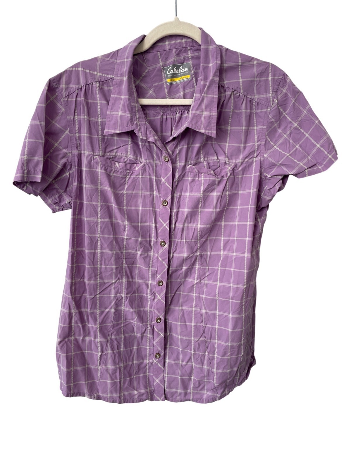 Cabelas Plaid Button Front Shirt Sz XL Purple Short Sleeve Outdoor Hiking Active