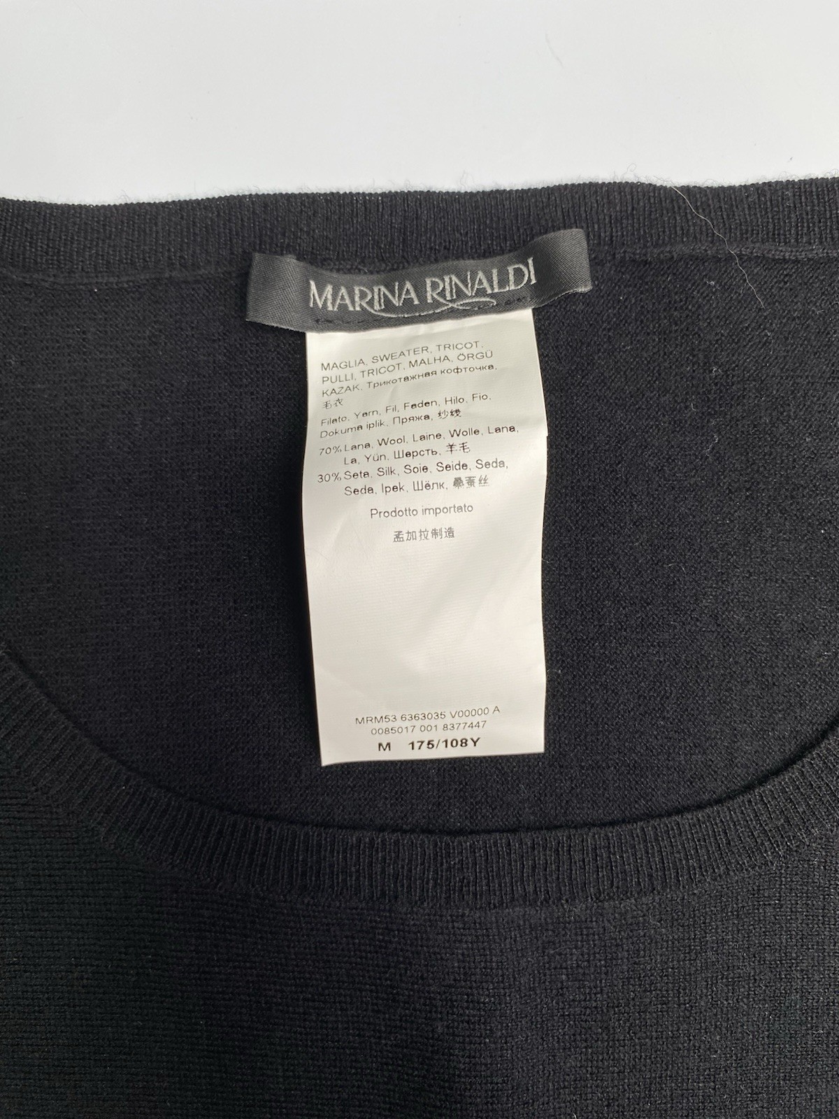 MARINA RINALDI Black V-Neck Knit Sweater Top 3/4 Sleeve Size M Wool Silk Blend