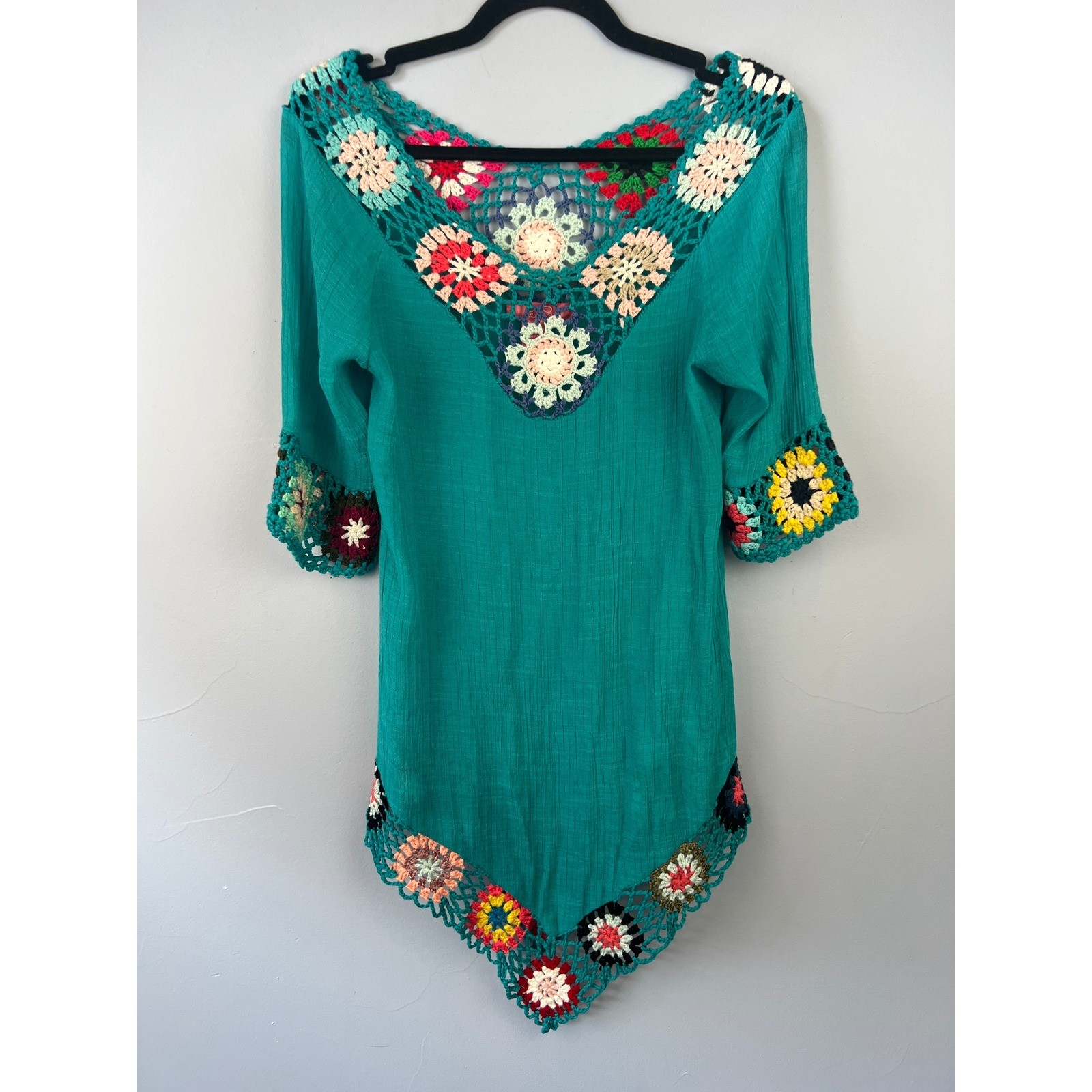 Turquoise Boho Festival Hippie Tunic Top Granny Square Crochet Trim Retro SZ S