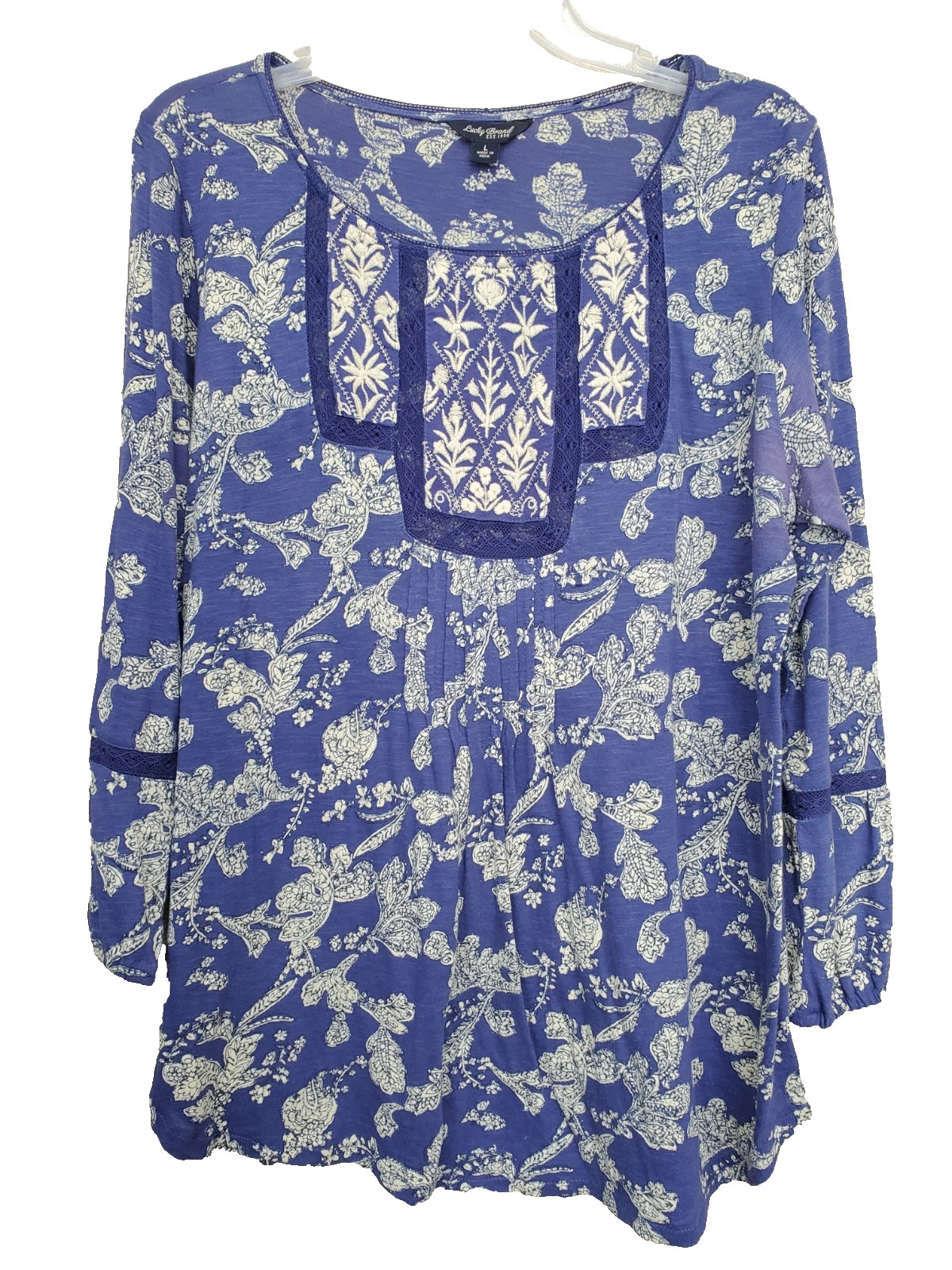 Lucky Brand Purple Embroidered Pleated Paisley Floral Print Knit Tunic Size L