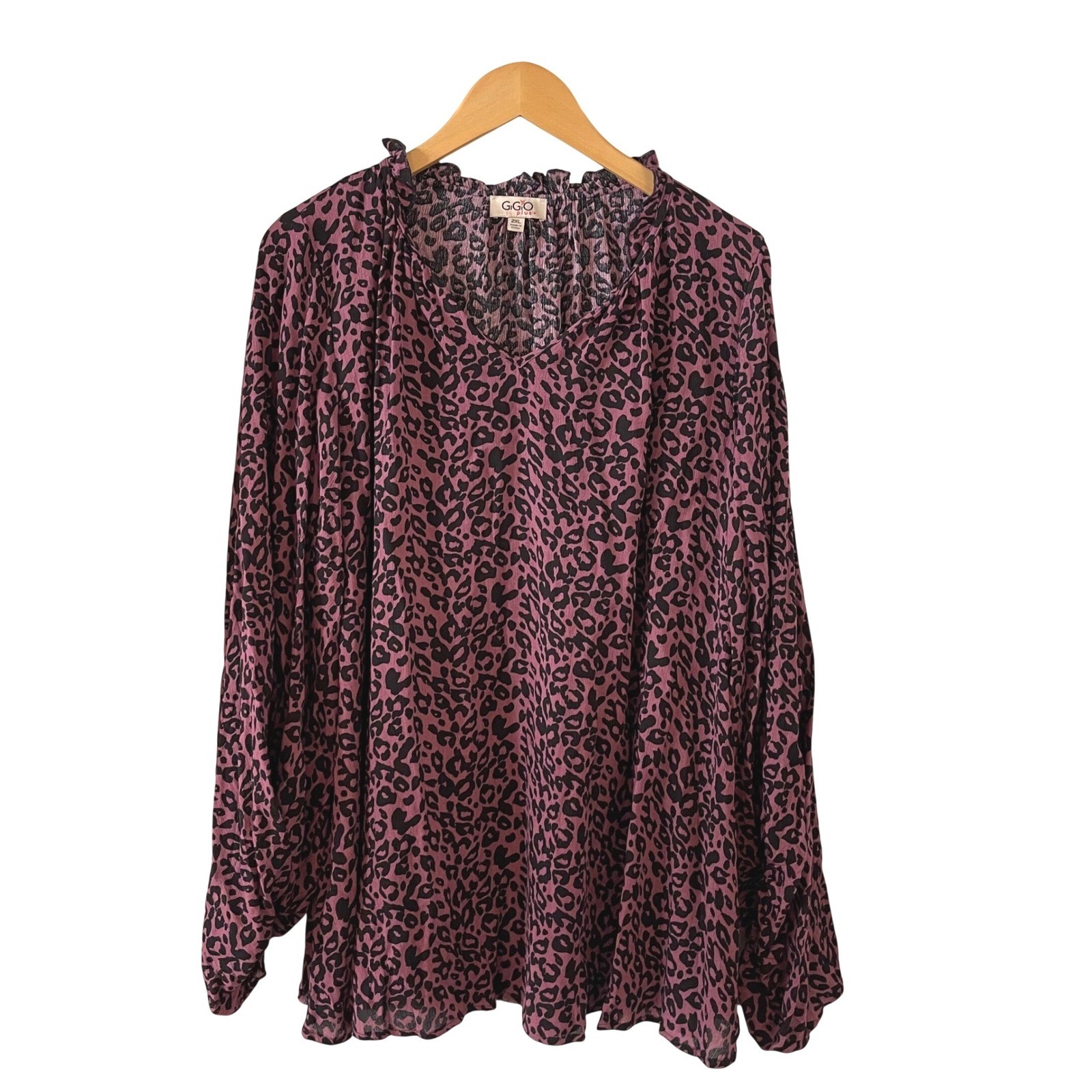 GiGio Plus Size 2XL Leopard Print Mock Neck Ruffled Long Sleeve Top Women