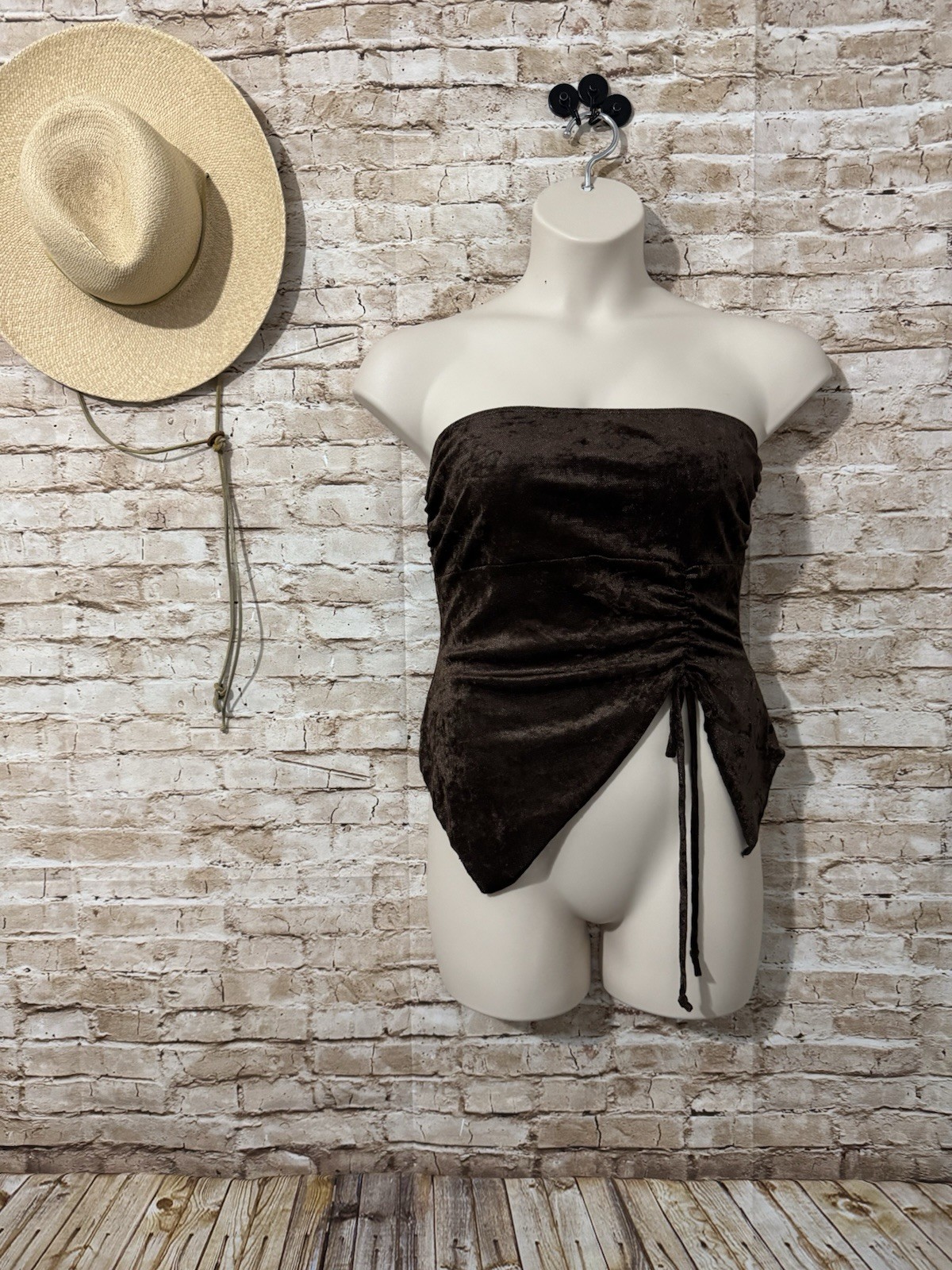 See You Monday Chocolate Brown Ruched Asymmetrical Hem Tube Top Size L – NWT