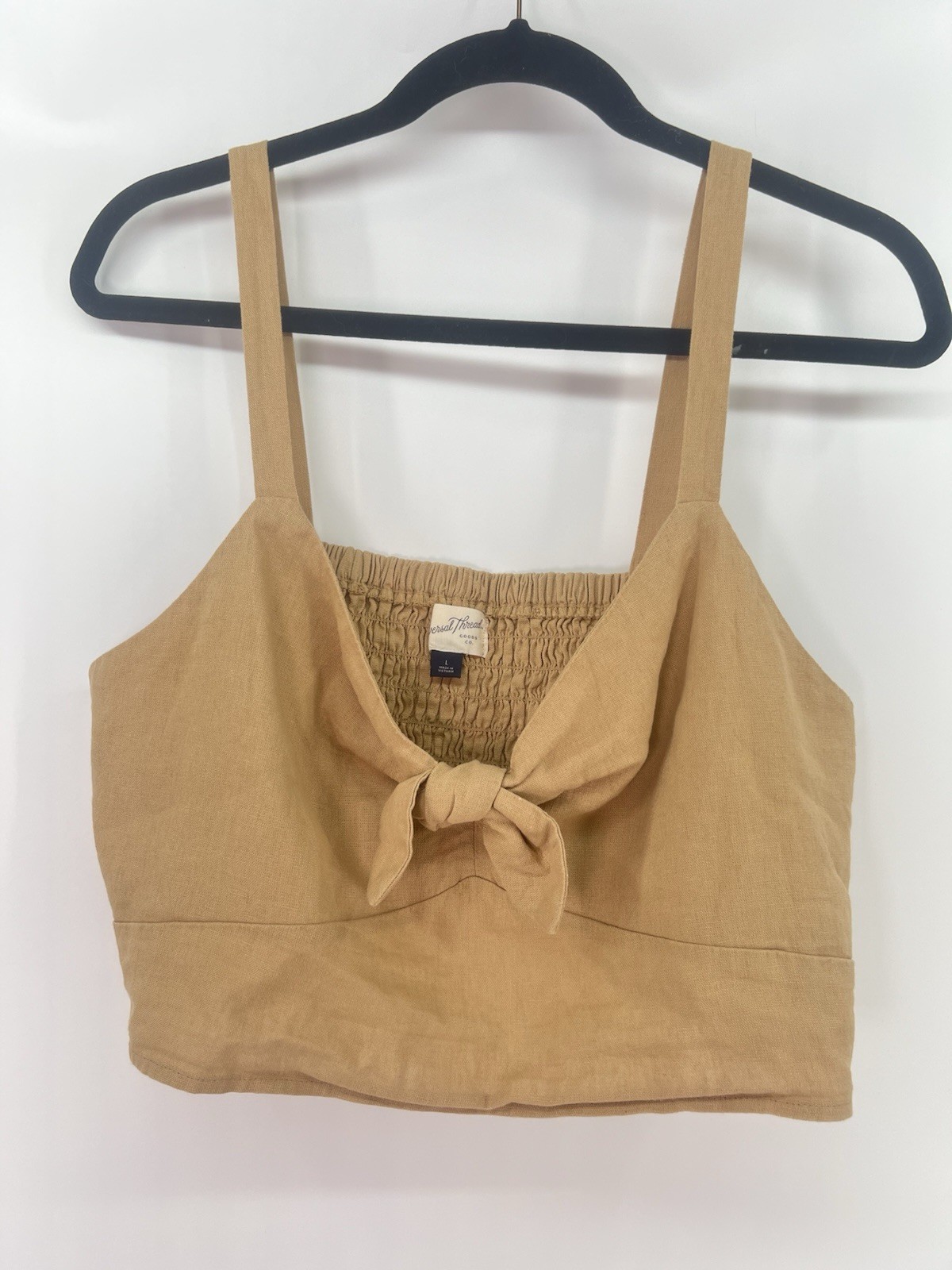 Universal Thread Tan Smocked Front Tie Linen Crop Top L Large