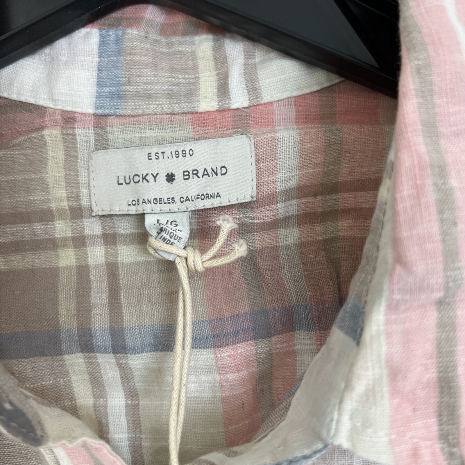 Lucky Brand Beige Pink Gray Plaid Gauze Button Long sleeve Shirt Womens sz L NWT