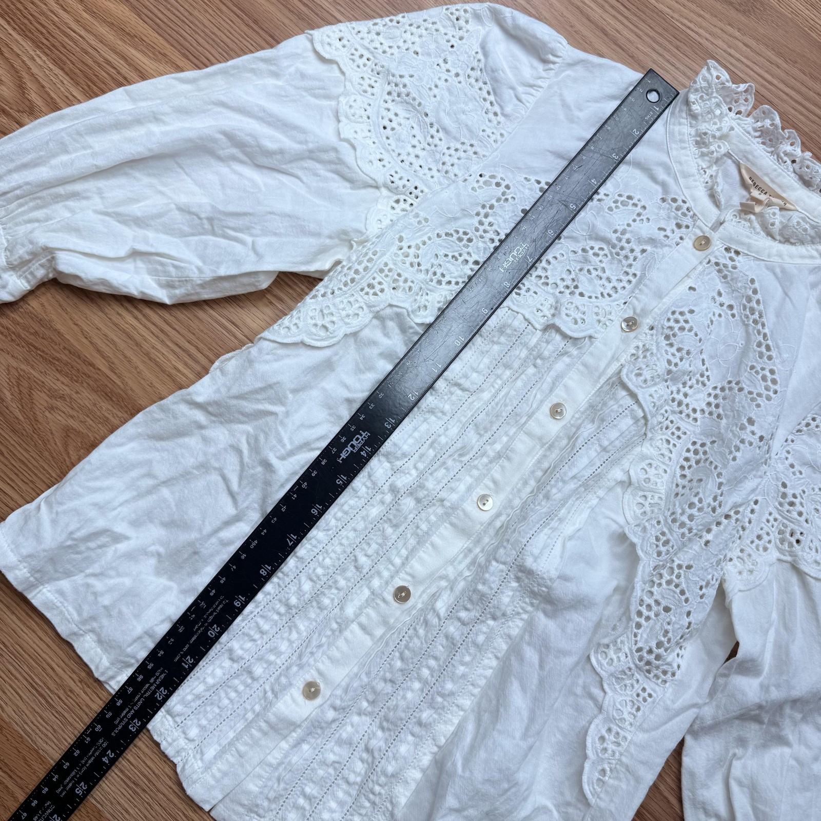 Rebecca Taylor Blouse Womens 6 White Eyelet Embroidered High Neck Long Sleeve