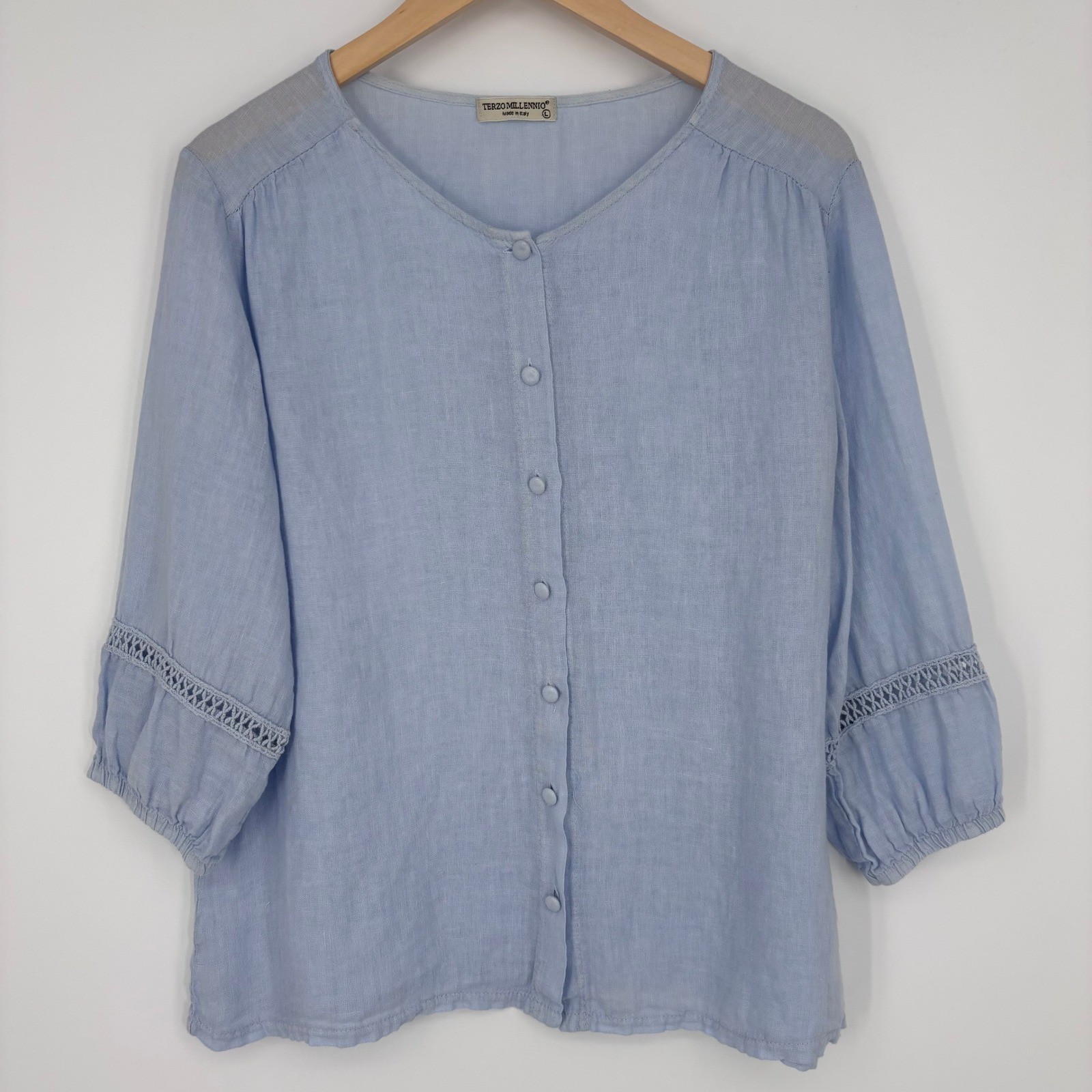 Terzo Millennio Linen Blouse Womens L Blue Button Front Crochet Made In Italy