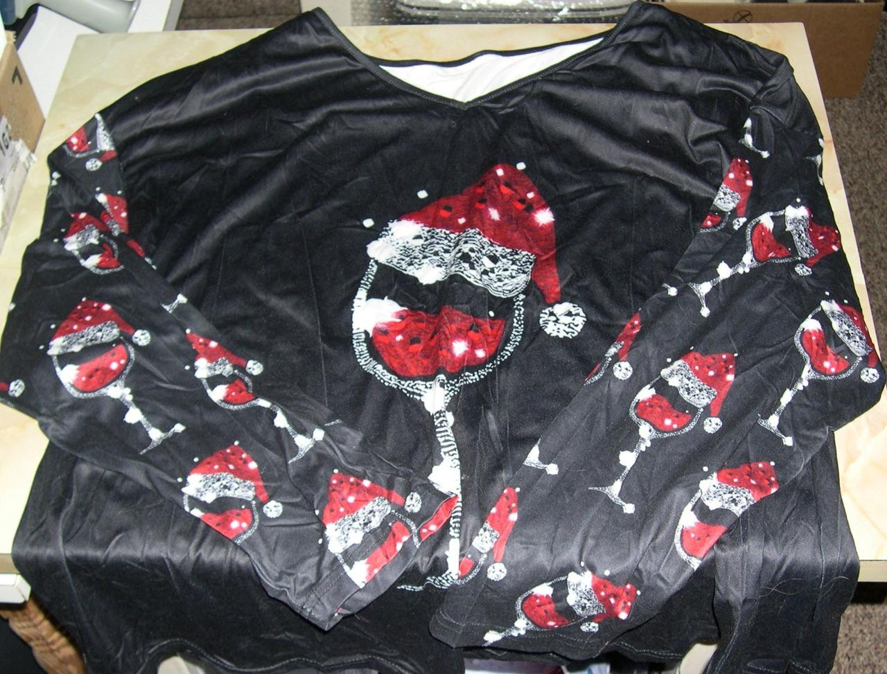 3XL “Wine Glass With Santa Hat” 100% Polyester Long Sleeve Shirt