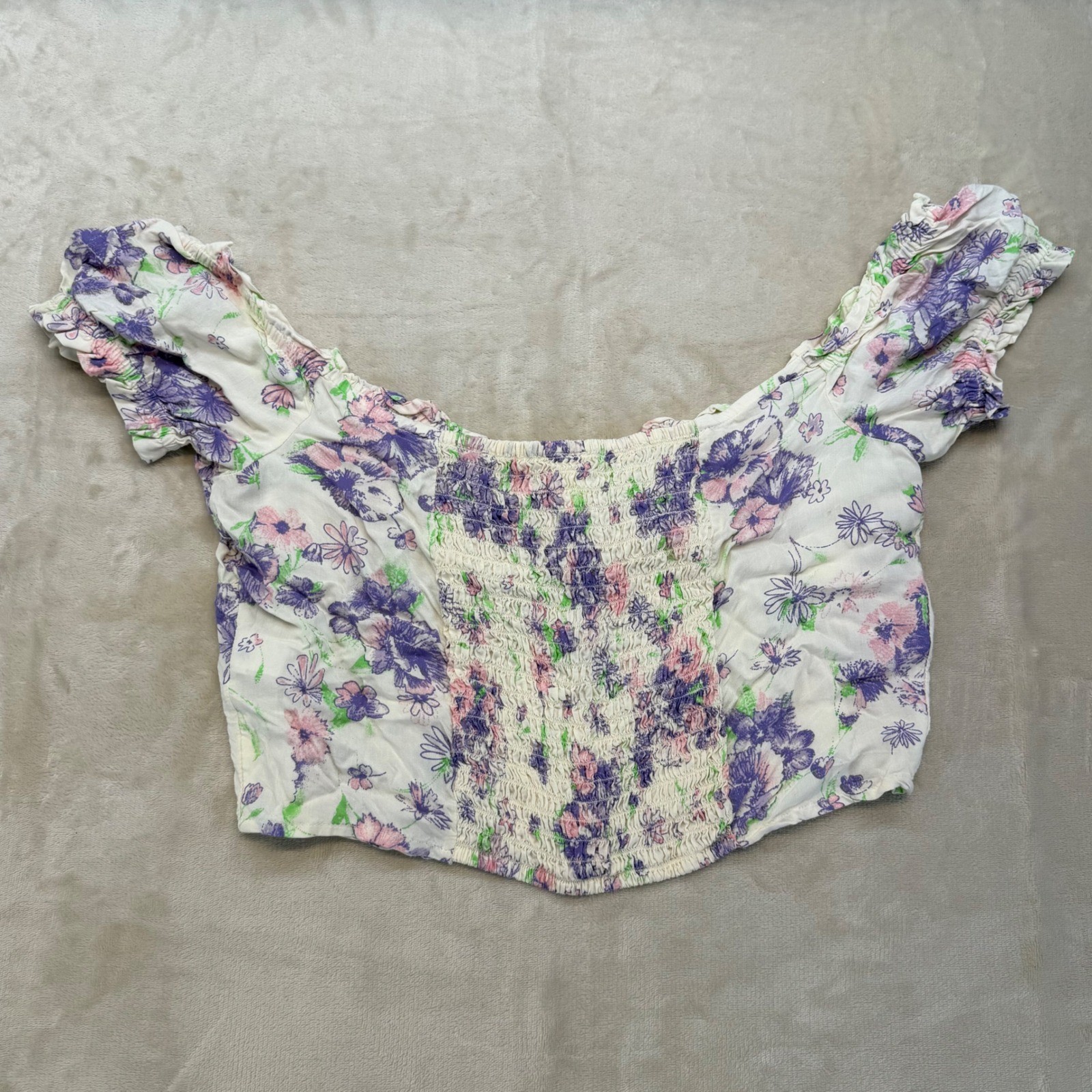 Abound Floral Crop Top Womens XL Purple Pink Excellent Smocked Tie Front Boho