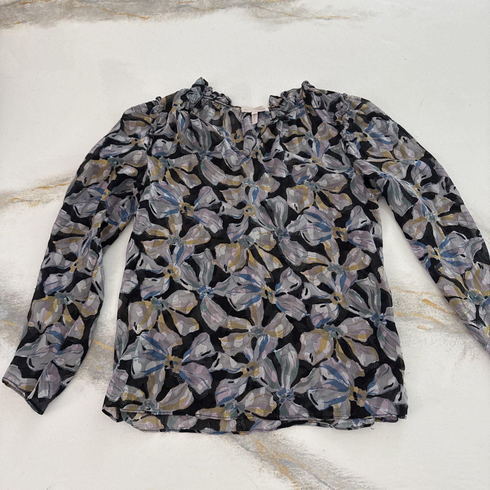 Rebecca Taylor Women’s Floral Silk V-Neck Ruffled Collar Long Sleeve Blouse XS
