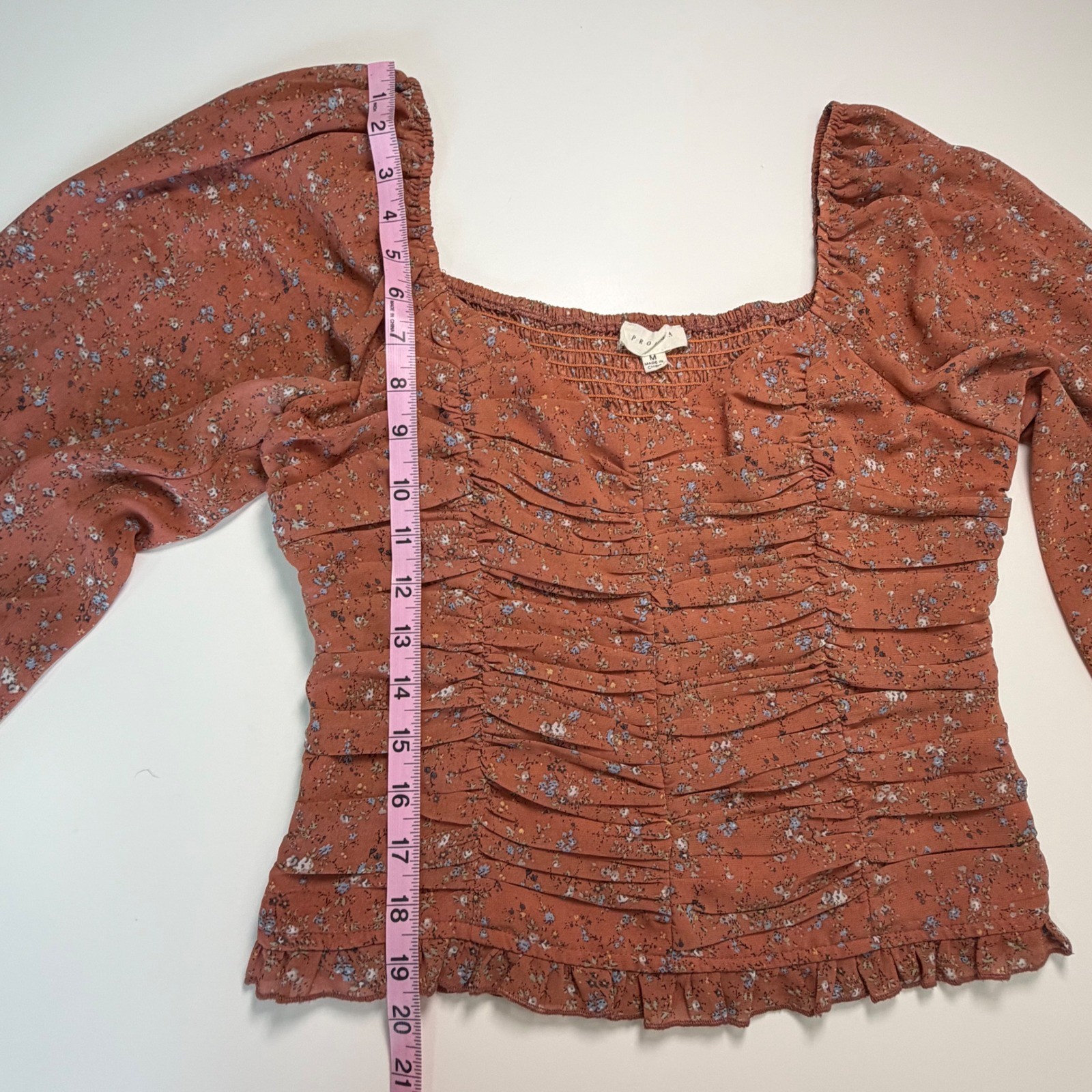 Promesa Rust Floral Ruched Long Sleeve Blouse Square Neck Smocked Cuff Medium