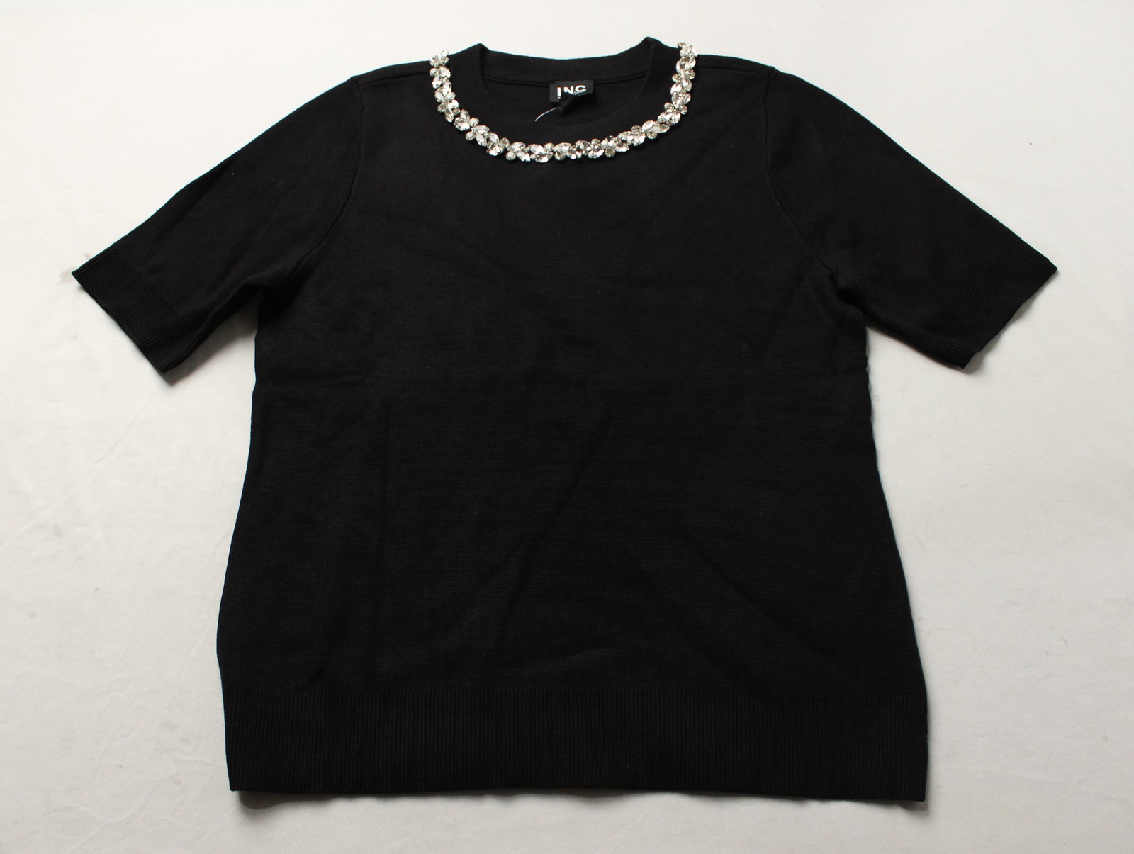 I.N.C. International Concepts Women’s Embellished Neck Top JL3 Black Medium NWT