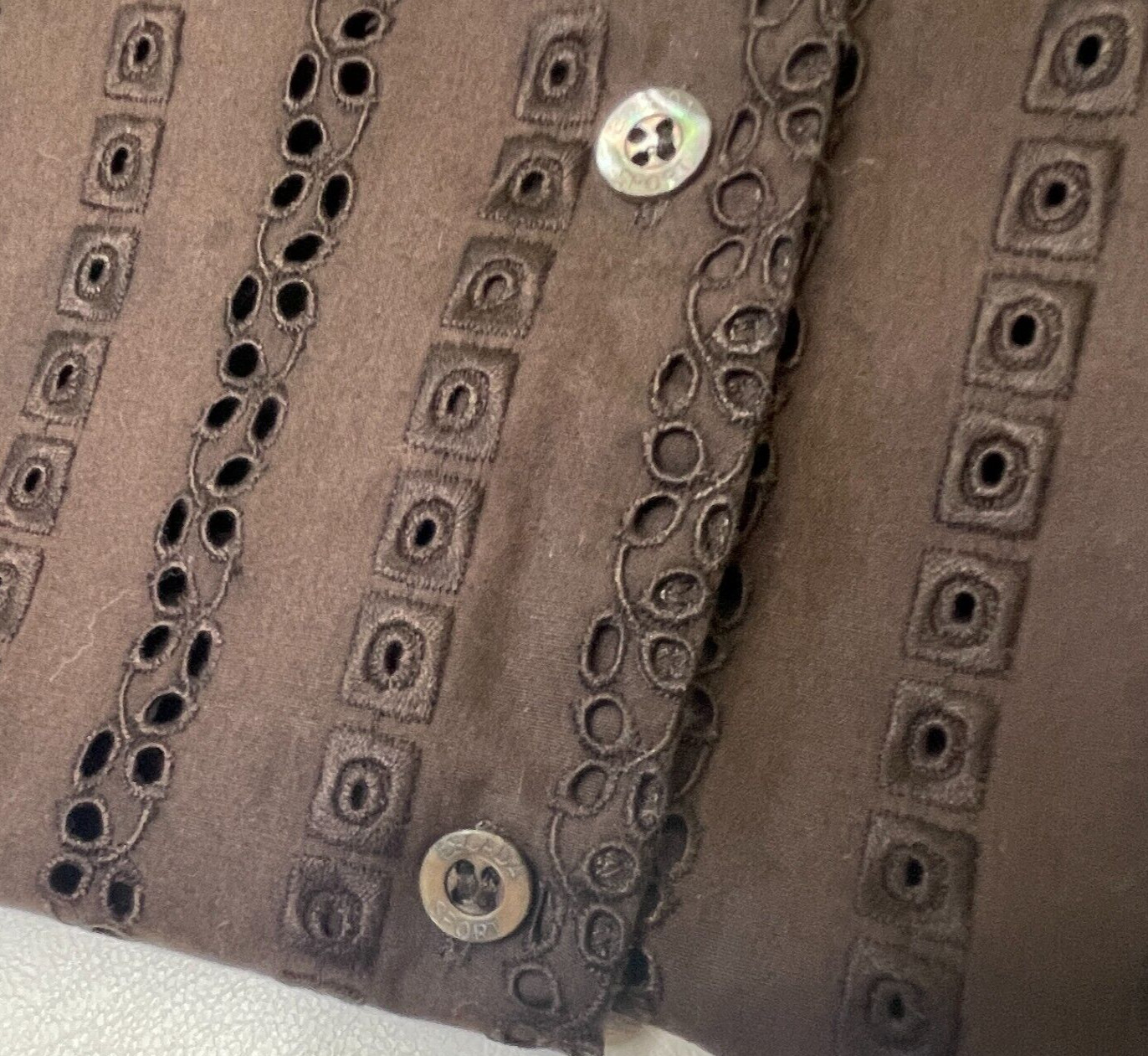Escada Sport Shirt Top EU Size 40 M L Eyelet Brown Button Up 100% Cotton 3/4 Slv