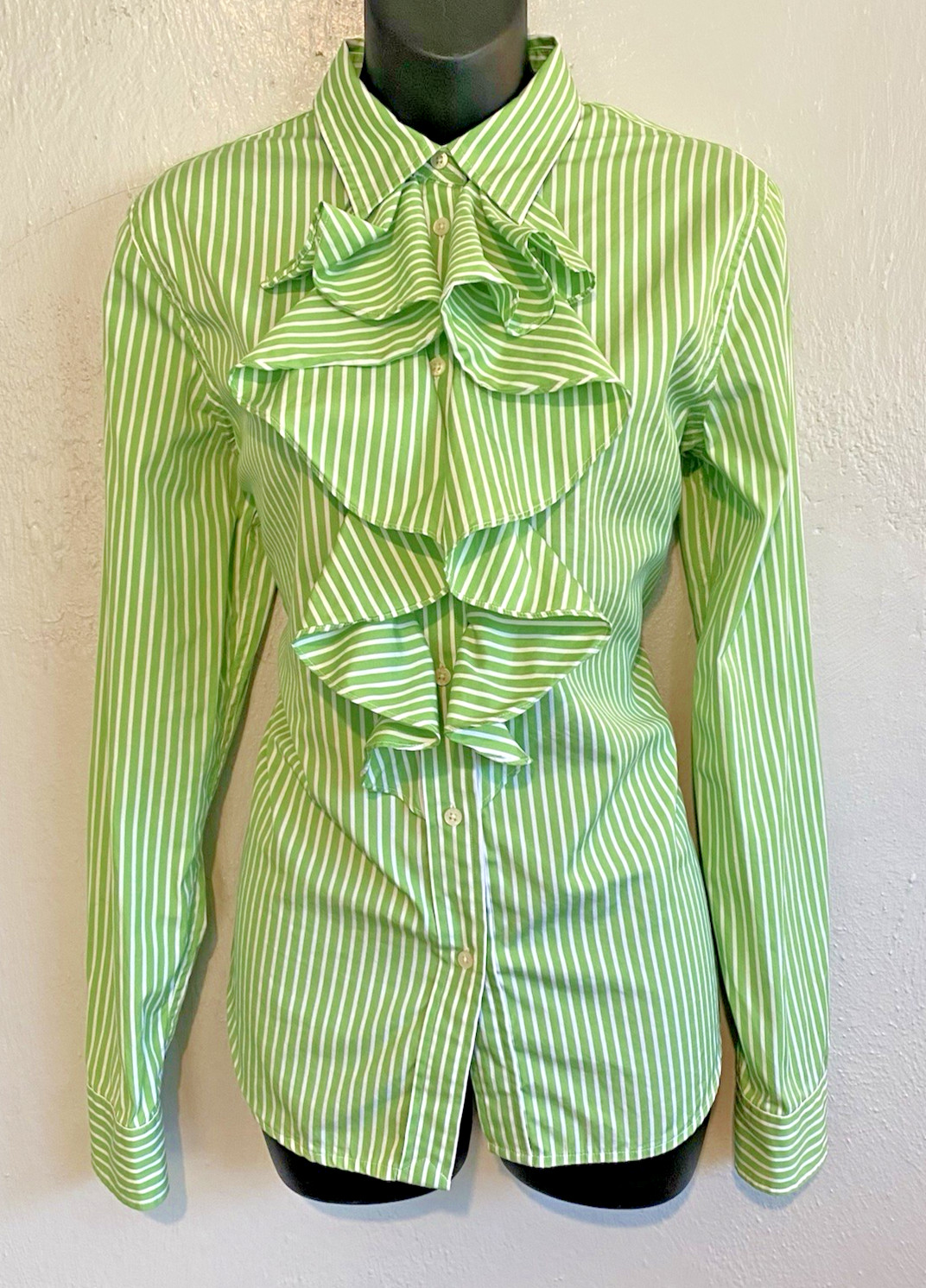 Lauren Ralph Lauren Vintage 100% Cotton Green White Striped Ruffle Shirt M