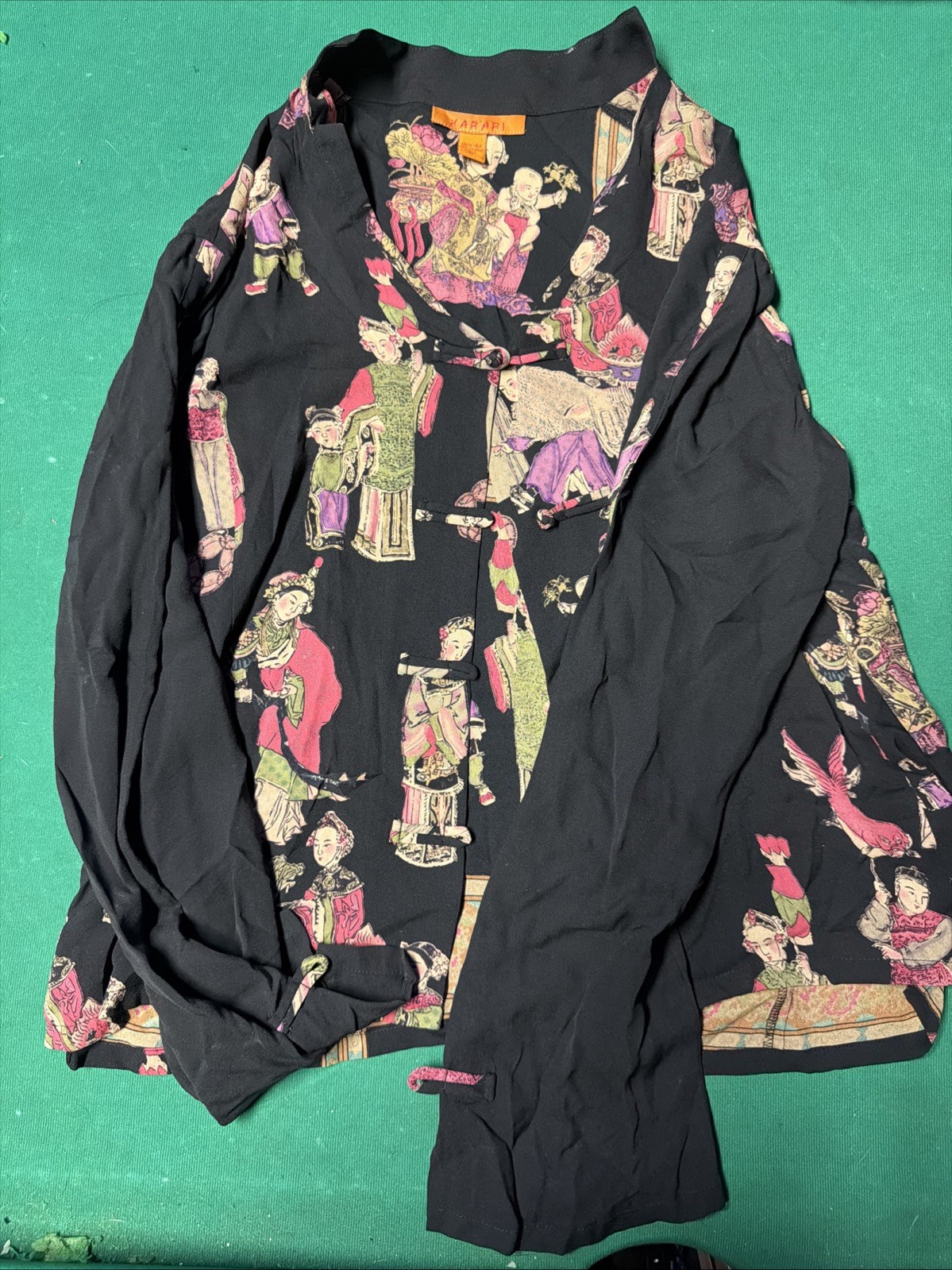 Harari 100% Silk Asian Print Wrap Blouse Jacket Women’s L Art to Wear A01
