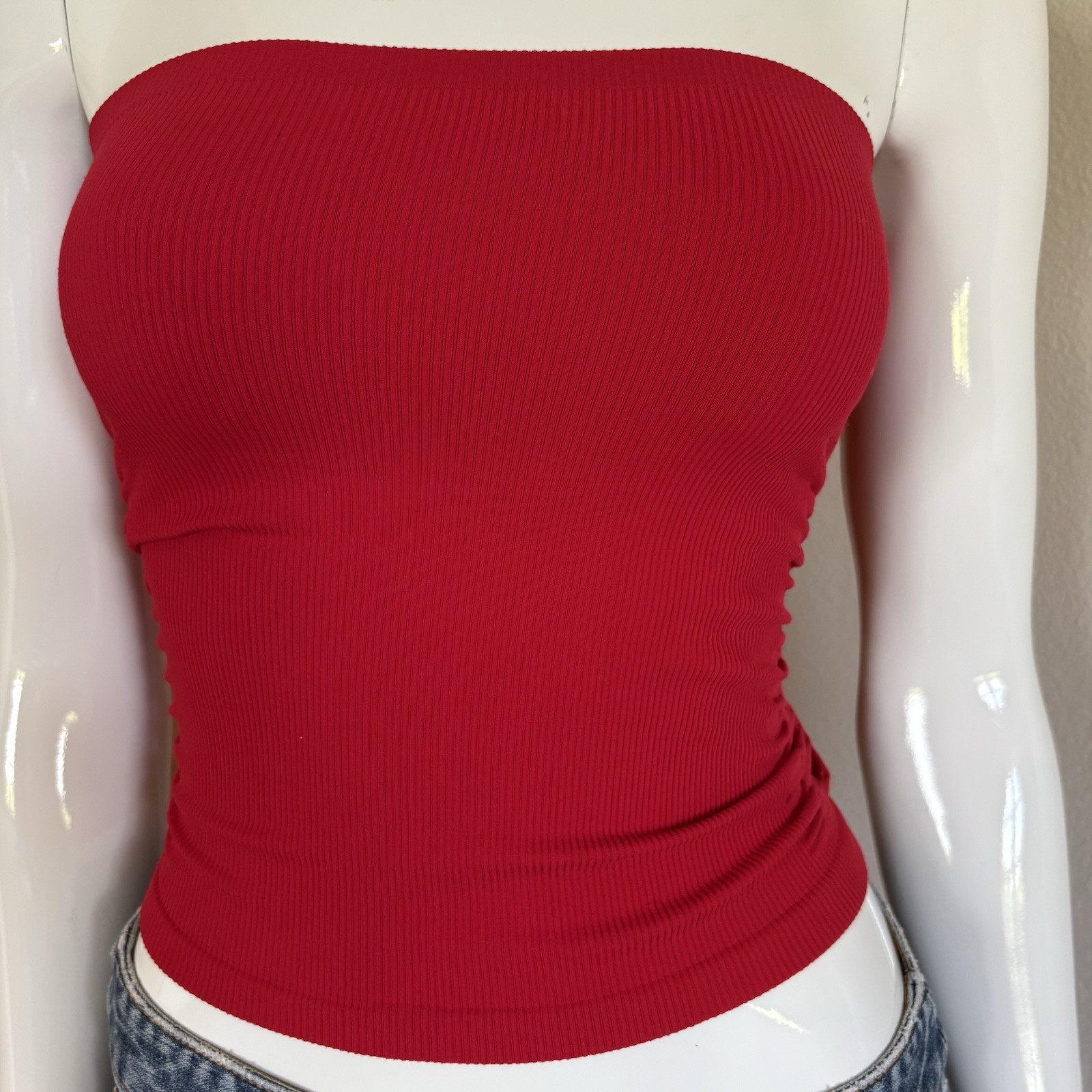 Bisou Bisou Red Solid Ribbed Knit Ruched Strapless Tube Top Stretch XS/S