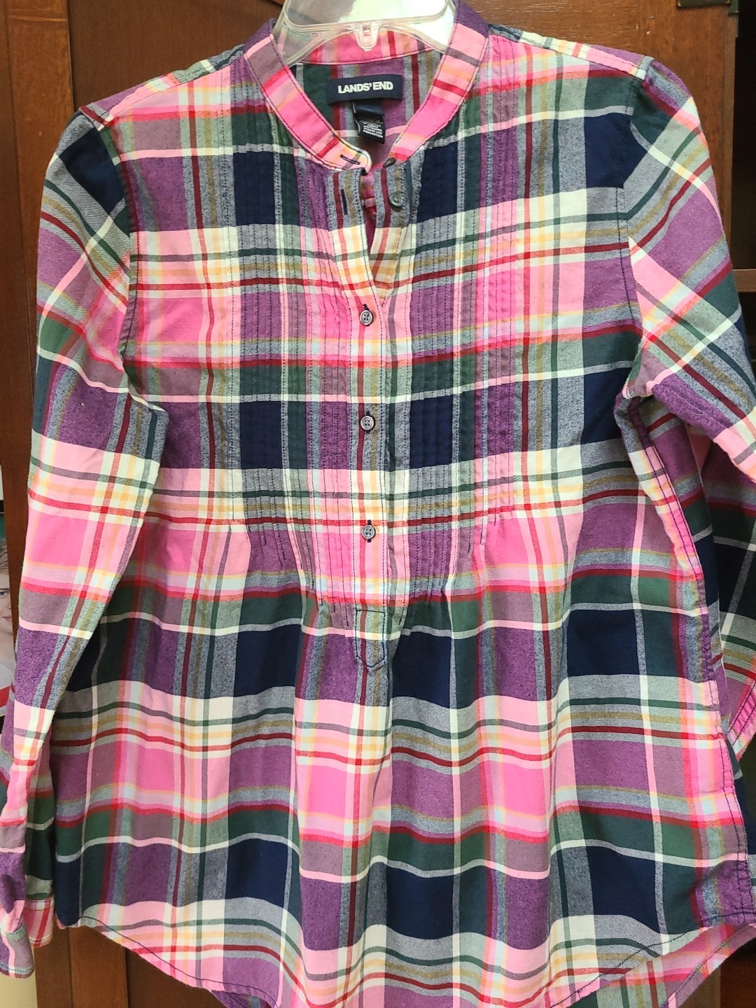 Lands’ End Pink Purple Green Plaid 1/2 Button Up Flannel Tunic Blouse Tucks 10
