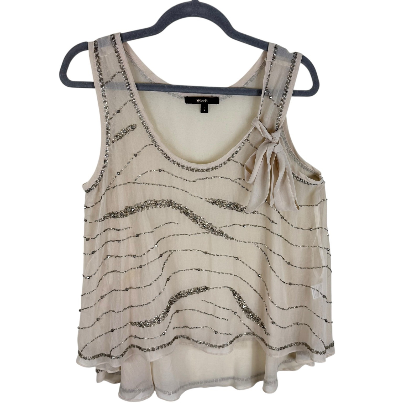 Just Black Cream Beaded Scoop Neck Lightweight Hi Low Tank Blouse Size S