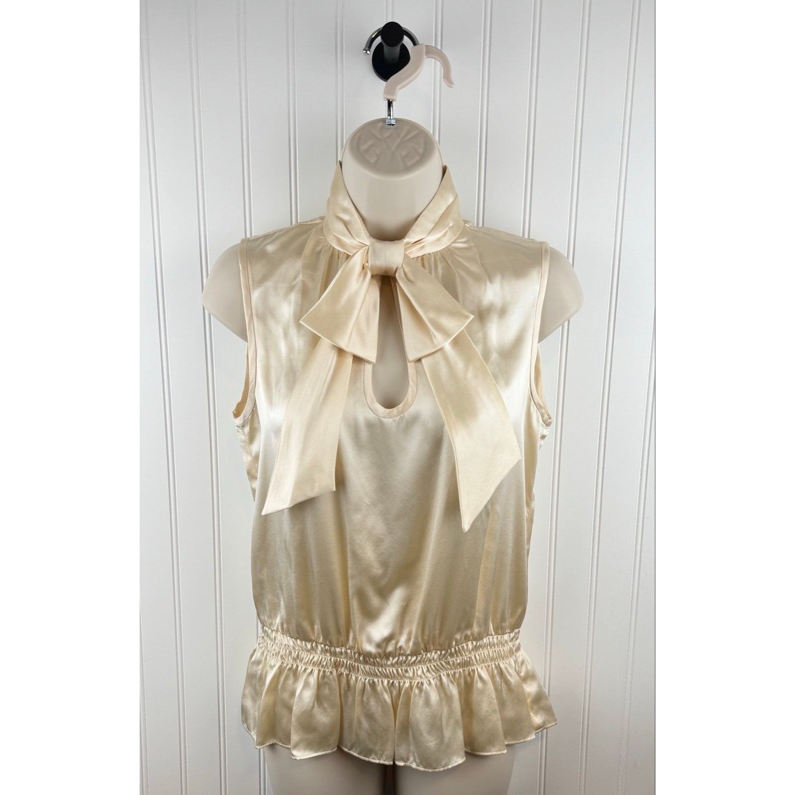 Nanette Lepore 100% Silk Sleeveless Bow Neck Blouse Champagne Ivory Size 2 USA