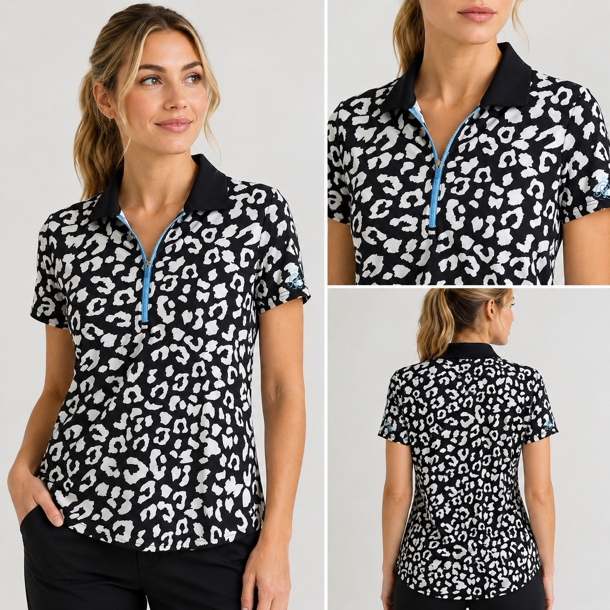 JoFit Women’s Golf Polo Shirt Size M Black White Animal Print Quarter Zip