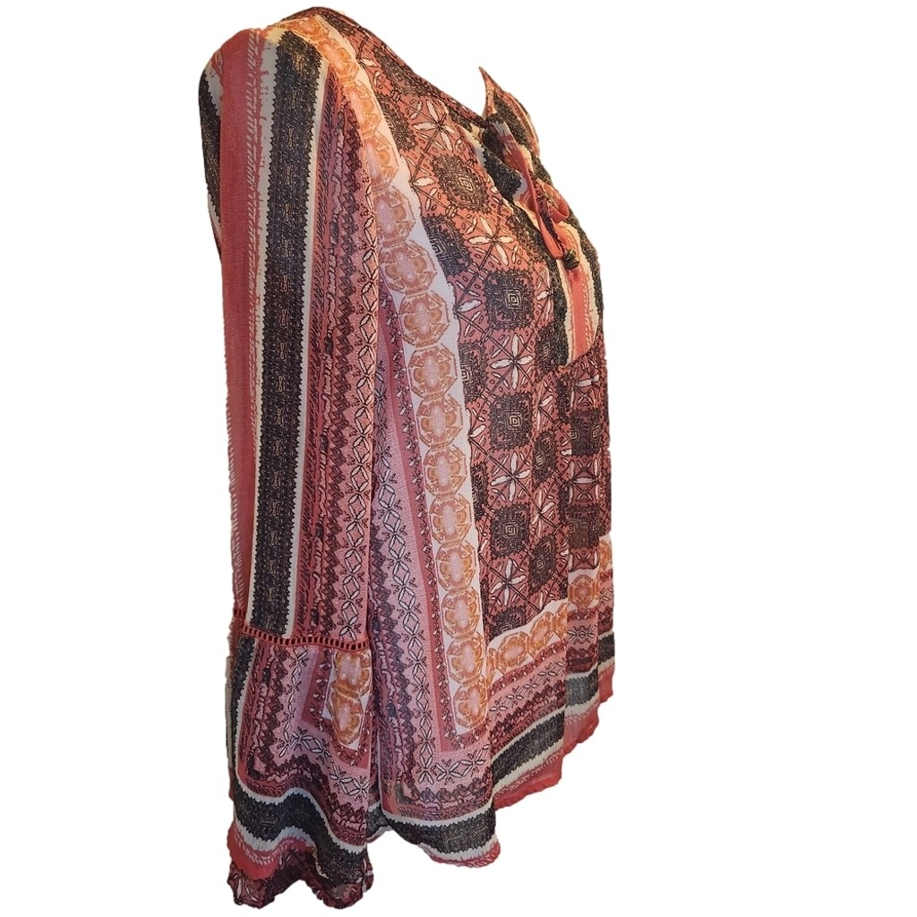 Knox Rose Ethnic Patterned Tunic in Coral Browns Gray Sz: S Oversized Flowy Boho