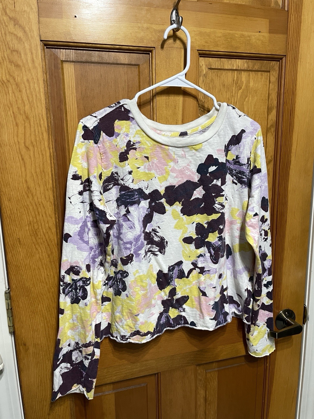 Anthropologie Cotton Cropped Shirt, Purple Pink Yellow Top Soft All Seasons, M