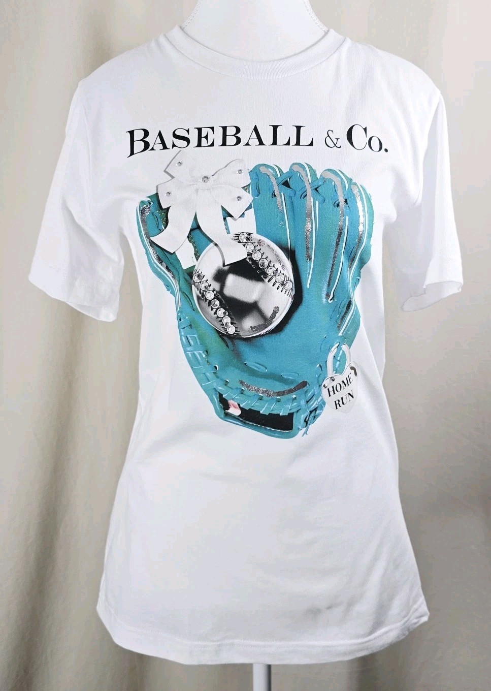 Baseball & Co Womens Graphic T Shirt Size L White Tee Rhinestone Softball Glove