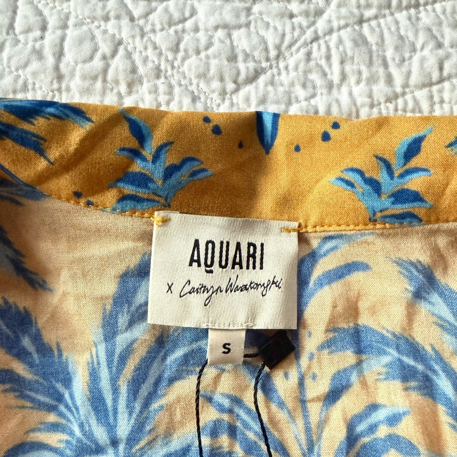 $198 NWT Aquari Yellow Blue Palm Tree Robe Wrap Dress Size S Boho Resort Wear