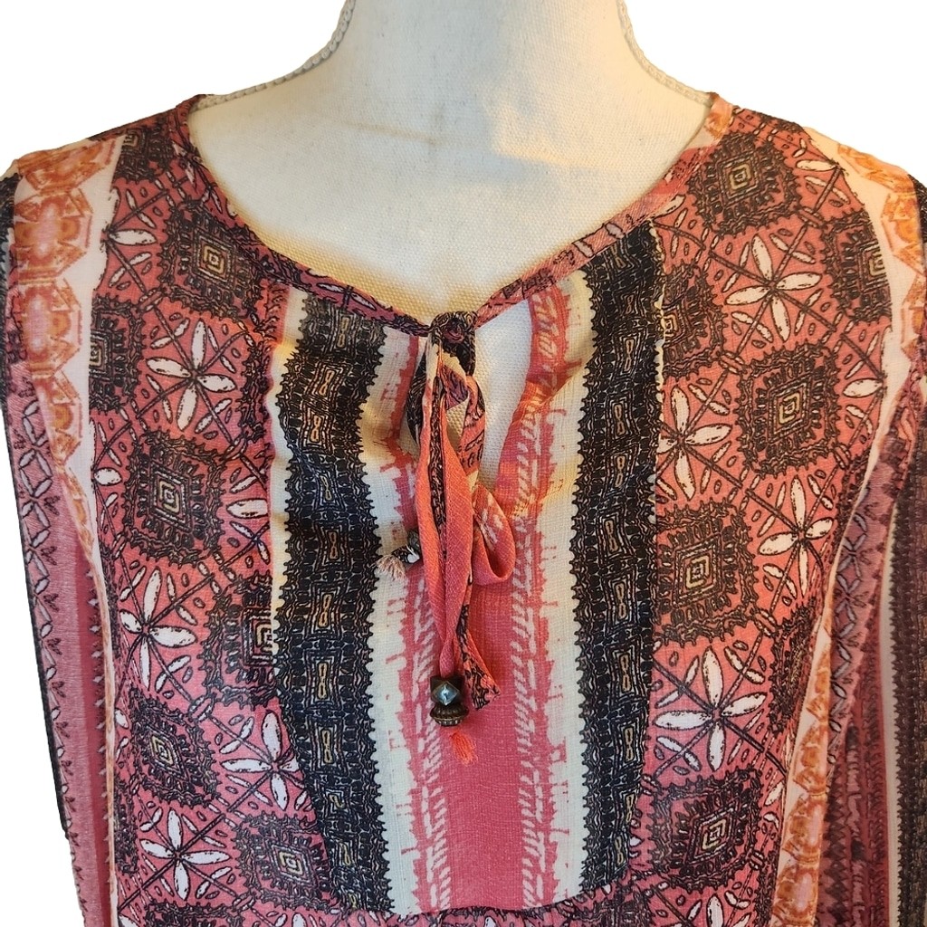 Knox Rose Ethnic Patterned Tunic in Coral Browns Gray Sz: S Oversized Flowy Boho