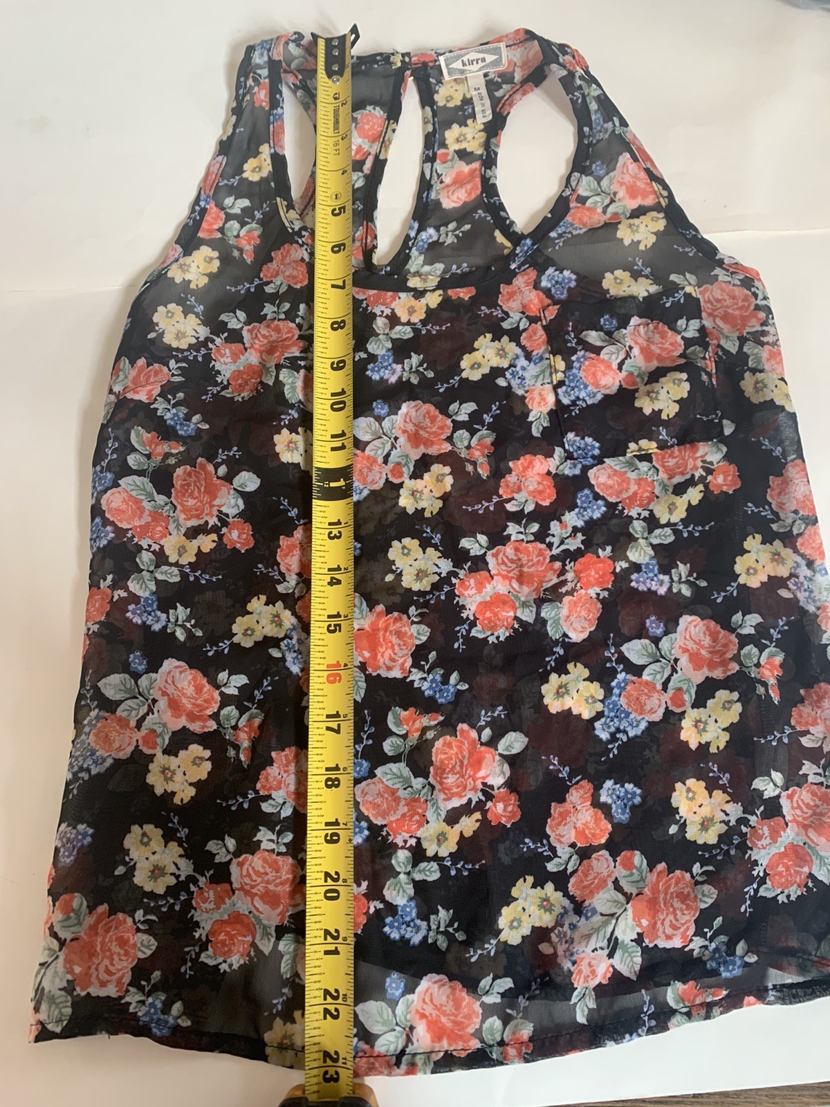 Kirra Women’s Size Medium Black Sheer Floral Racerback Tank Top Cutout Keyhole