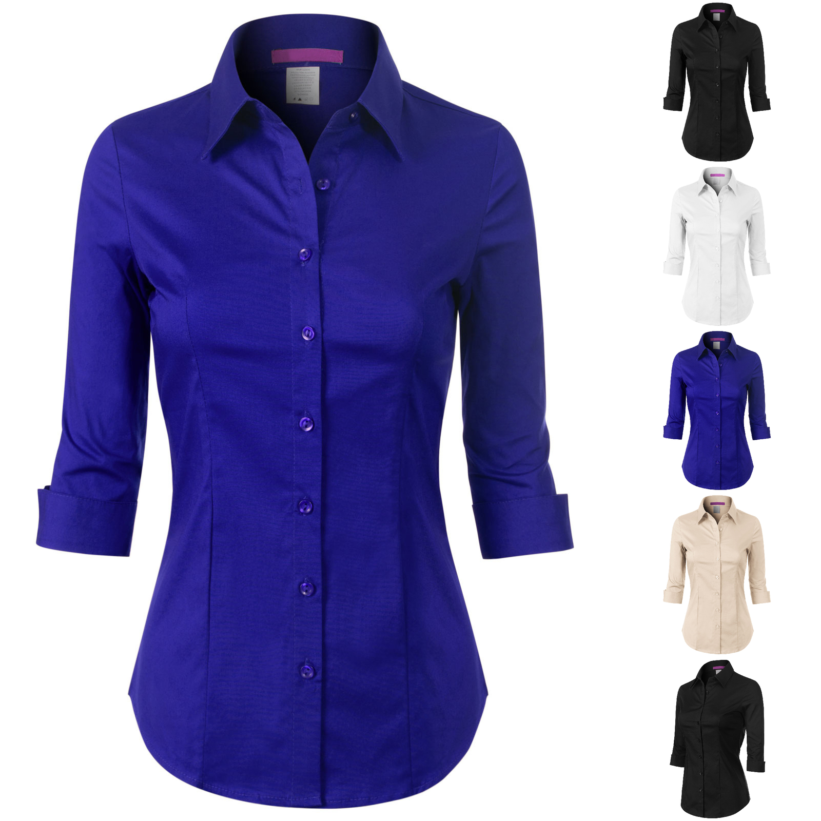 MixMatchy 3/4 Sleeve Stretchy Button Down Collar Office Formal Casual Blouse Shi