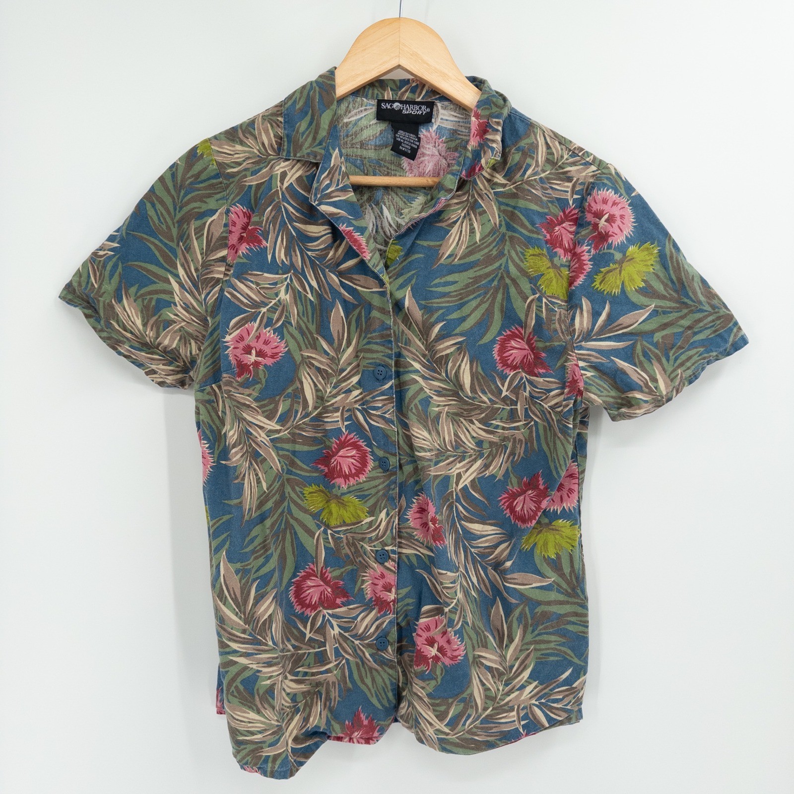 Vintage 90s Sport Tropical Shirt Womens Small Blue Cotton Hawaiian Floral