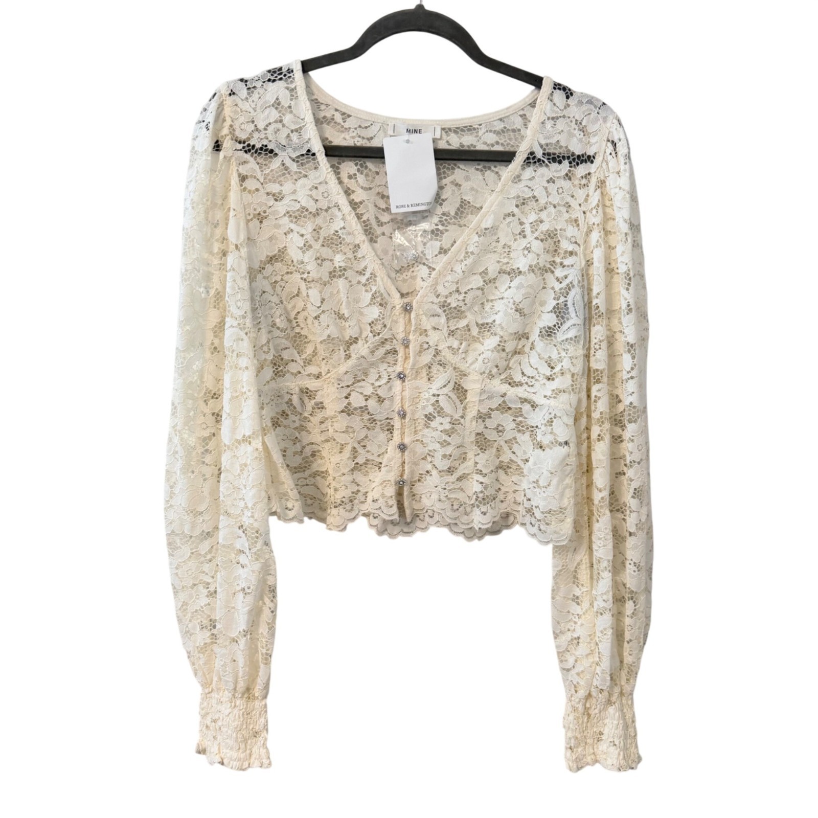 Mine Lace Button-Up Cropped Long-Sleeve Blouse Size L Ivory top. NWT