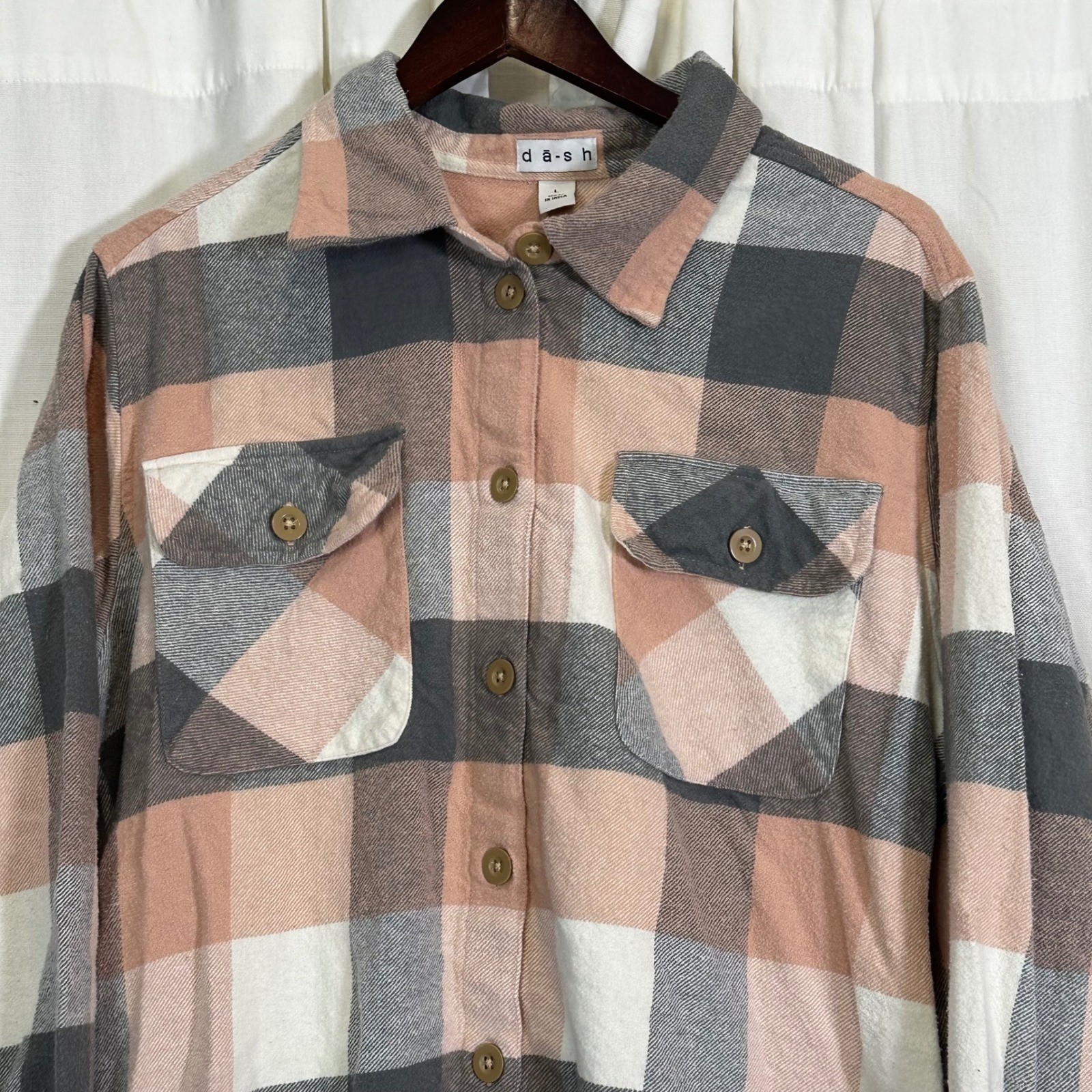 DASH Plaid Flannel Button Down Shirt Jacket Oversized Cozy Casual Grunge Women L