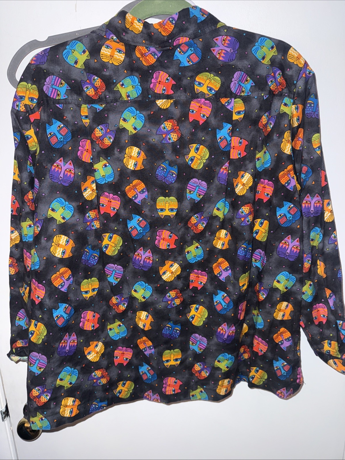 VTG Laurel Burch Med Silk Vibrant Cat Faces Button Up Lounge Lapel Sleep Blouse